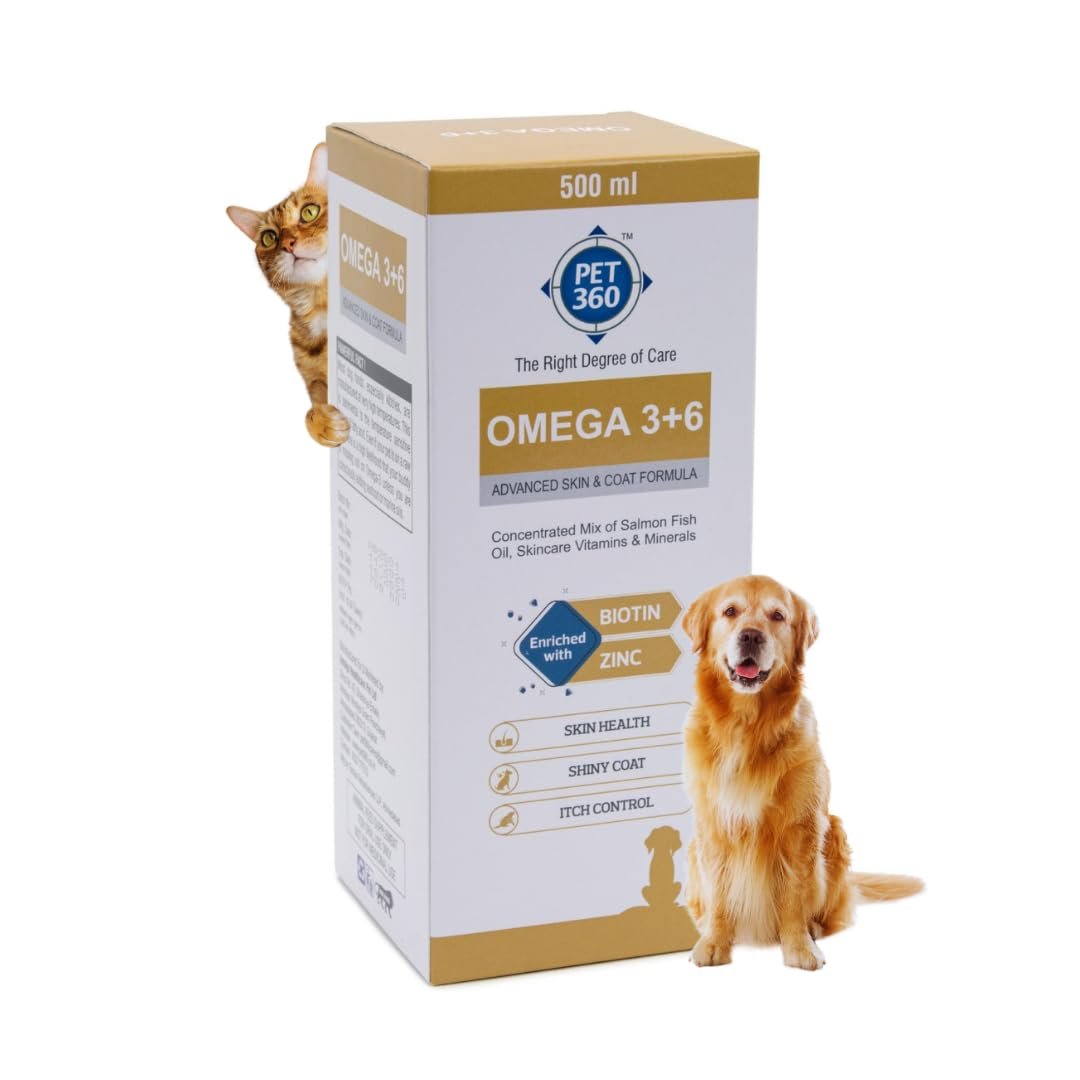 Omega 3+6 Concentrated Salmon Fish Oil for Dogs & Cats with Vitamins & Minerals | Shinier Coat, Itch & Allergy Control | Improves Skin & Hair Health | Nutritional Supplement for Pets – 500 ml
