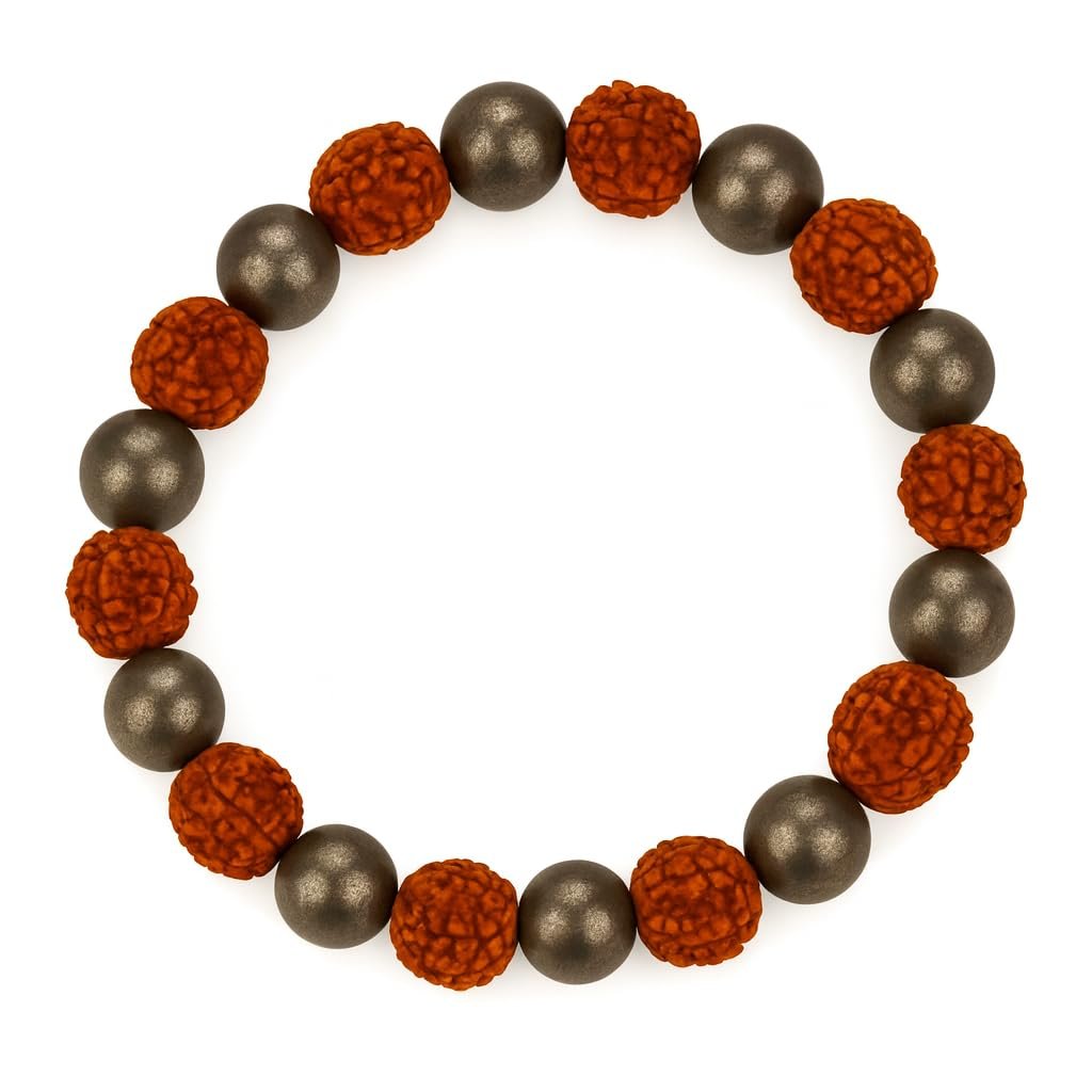 GemAura Collection – Natural Pyrite & 5 Mukhi (Panchmukhi) Rudraksha Bracelet for Men & Women | Confidence, Focus & Positive Energy | Handmade Stretchable Spiritual Beaded Bracelet