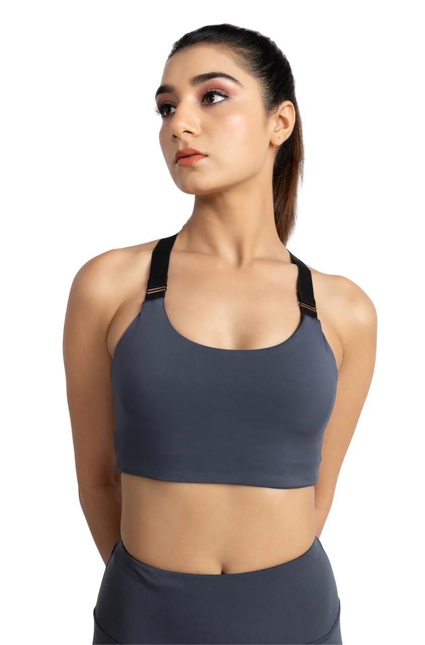 Modu Women’s High Support Sports Bra for Gym & Training | Stretchable Polyester-Spandex Activewear | Comfortable Workout Bra in Black & Ash Grey | Fitness Wear | Sizes S to L