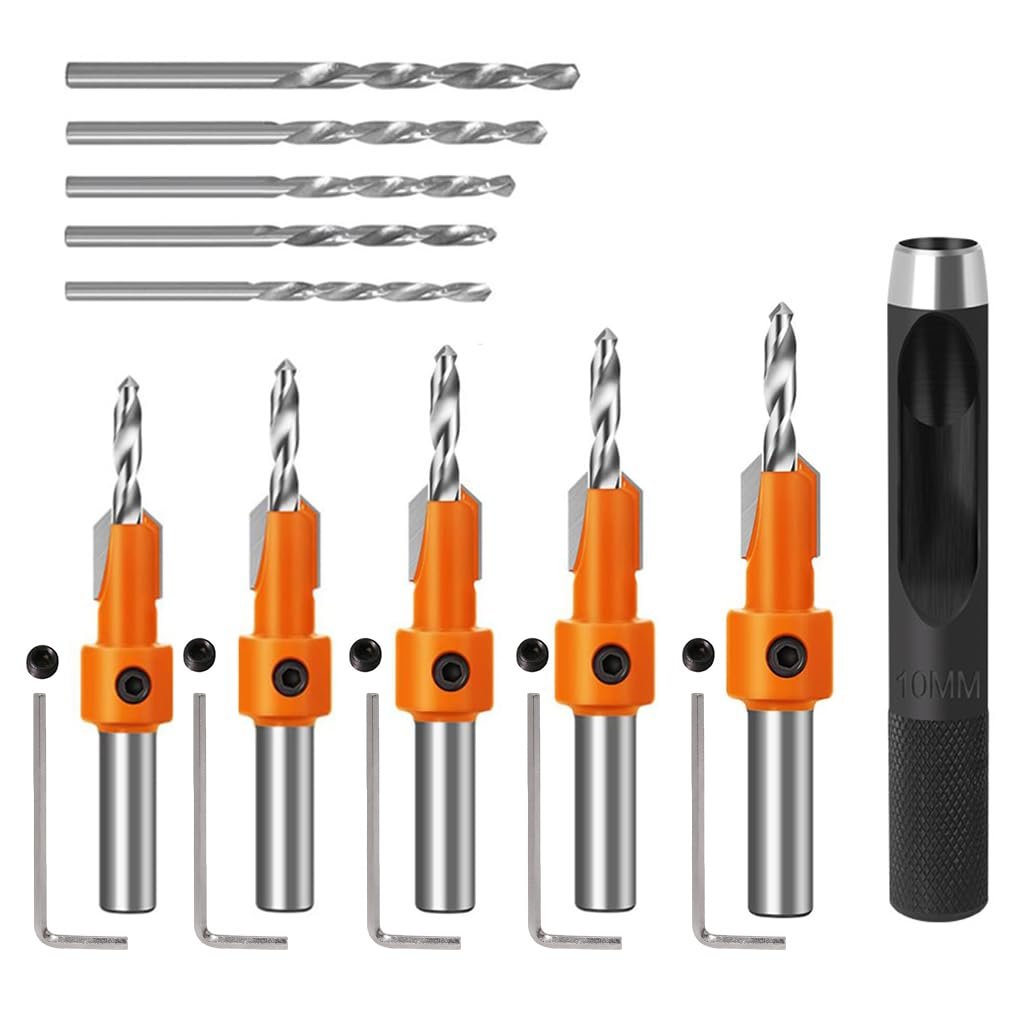 Serplex® 10Pcs Wood Countersink Drill Bit Set, with 5Pcs Extra Pilot Drill Bit, 5/16″ Round Shank, Hex Key Wrench, Counter Sinker for Woodworking, 5 Sizes 2.8X10, 3.0X10, 3.2X10, 3.5X10, 4.0X10