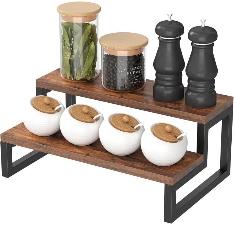“Wooden and Iron Kitchen Spice Rack Organizer – 2-Step Medium Size Spice Shelf for Countertop, Rustic Space-Saving Spice Storage, Multi-Tier Spice Holder for Cabinet or Pantry