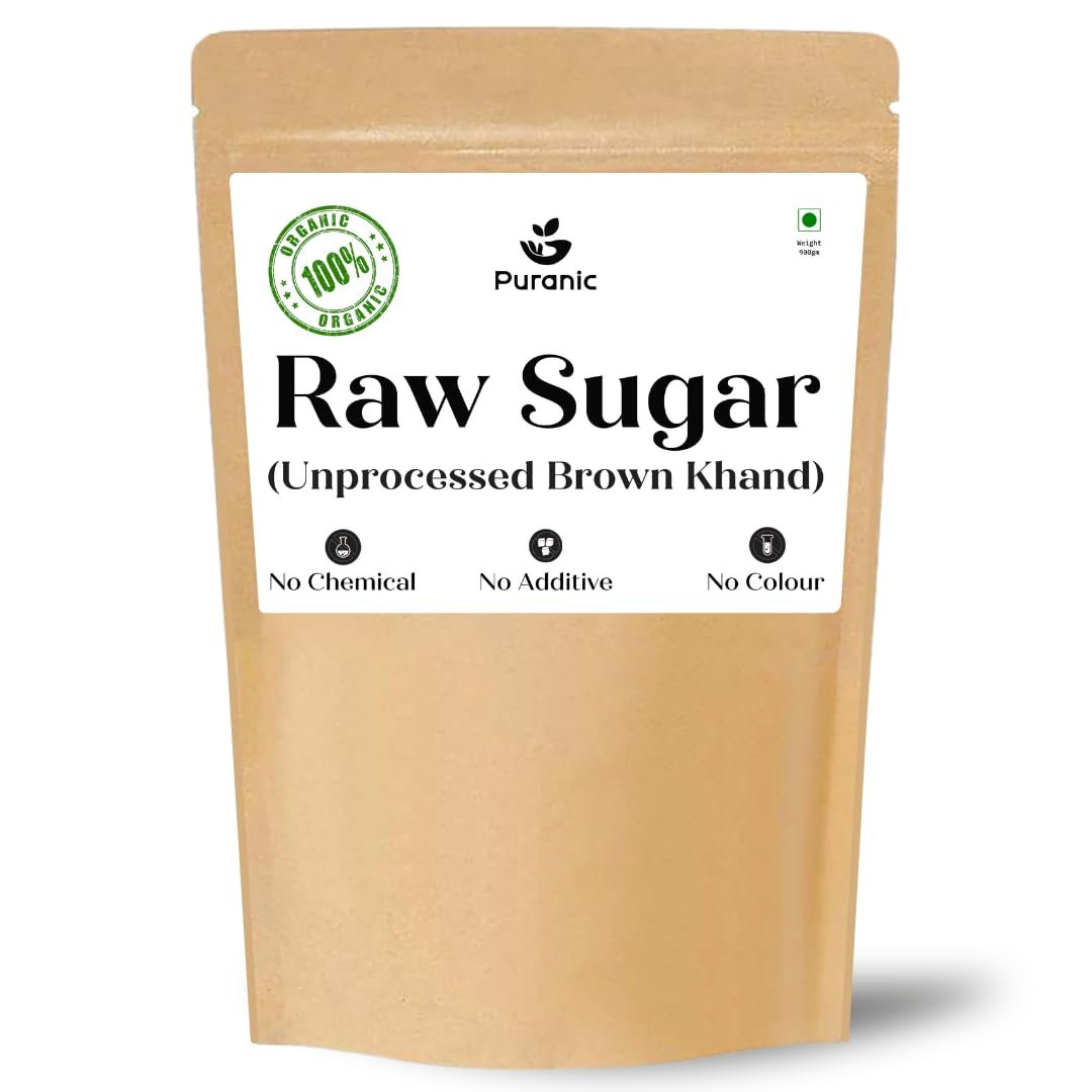 Puranic Raw Sugar Organic Unrefined 900g | Brown Khand Sugar With Natural Molasses Retained | Unprocessed for Baking | Brown Sugar Khandsari 0.9 kg Pack