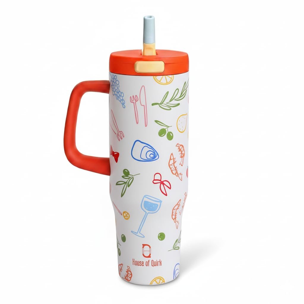 House of Quirk 1200ML Stainless Steel Tumbler with Handle & Pop-Up Lid, Leakproof Travel Cup, Fits Car Cup Holder (Vinola)