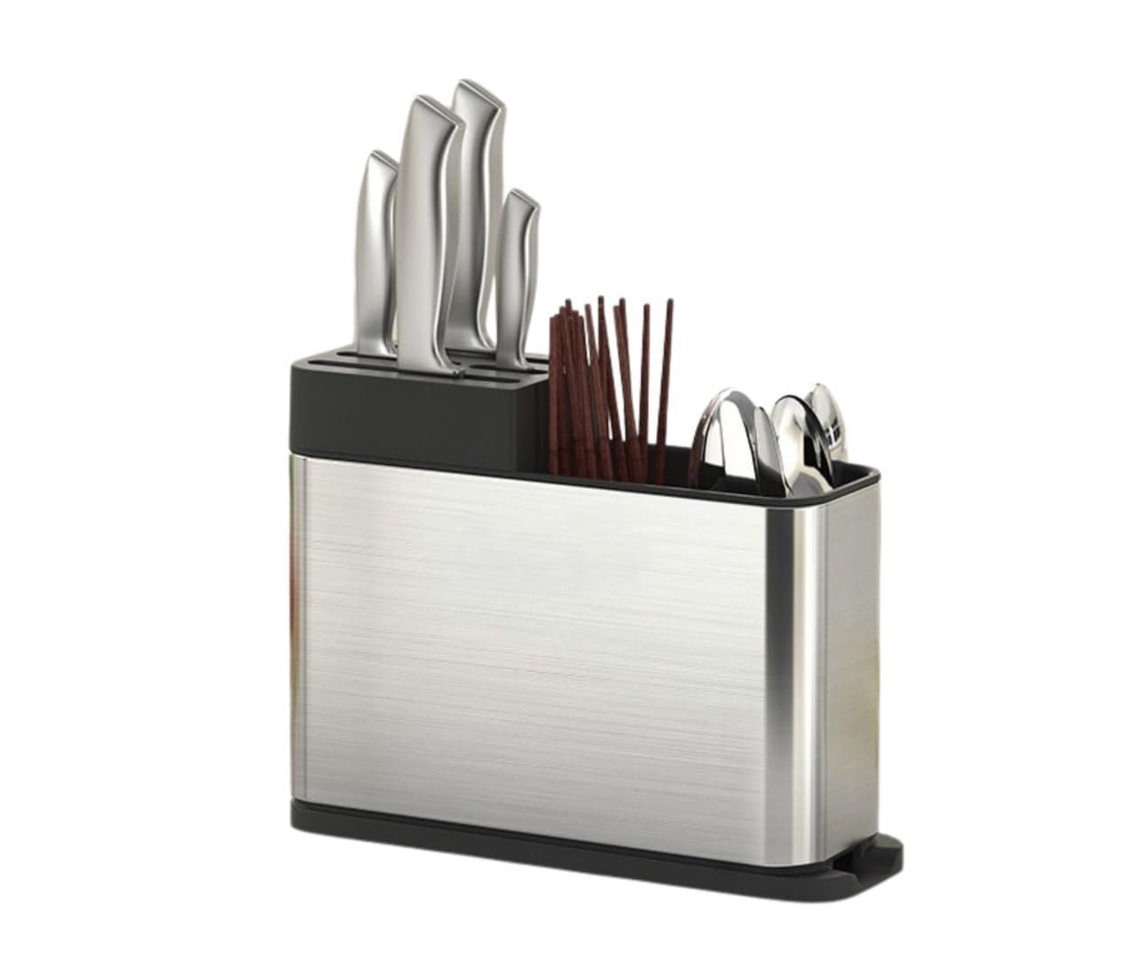 Stainless Steel Kitchen Countertop Holder for Spoons, Forks, Butterknife, Knife, Spatula | 15L x 10W x 10H Centimeters | Silver (Silver-Black)