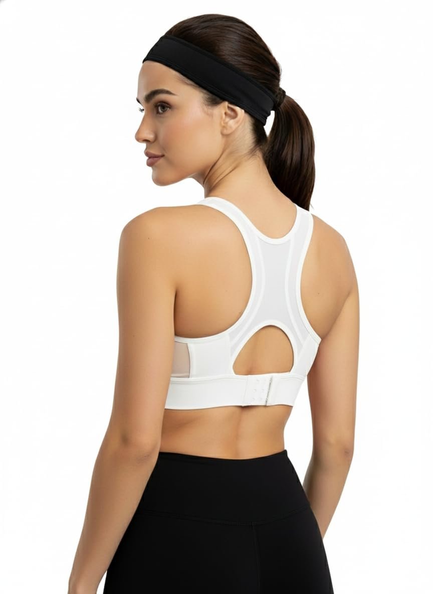 Shoppy Villa Women’s Padded Sports Bra with Mesh Racerback | 4-Way Stretch, Moisture-Wicking, Removable Pads, Adjustable Hook Closure for Gym, Yoga & Workout