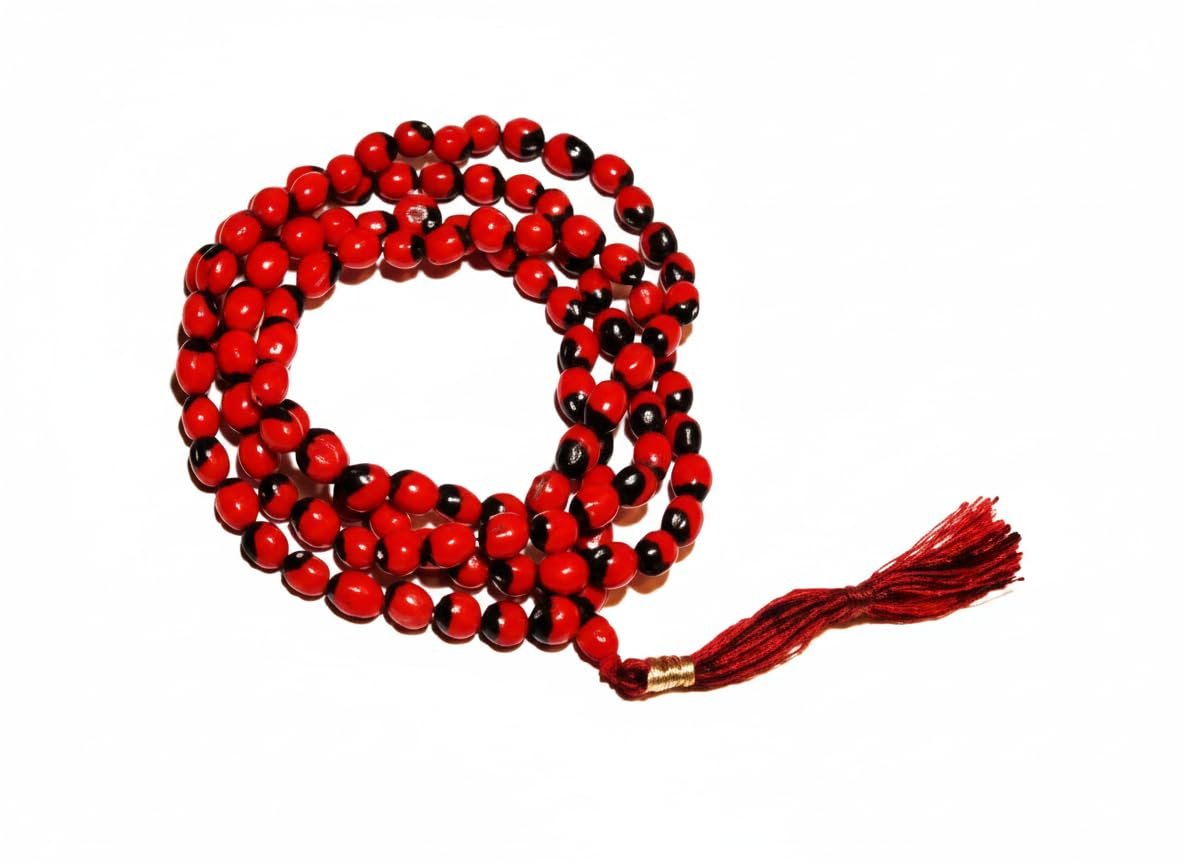 Certified Natural Chirmi Mala with Tassel | Original 108+1 Beads Red and Black Gunja for Meditation, Jap, Lakshmi pooja | Red & Black Chirmi Seed Mala