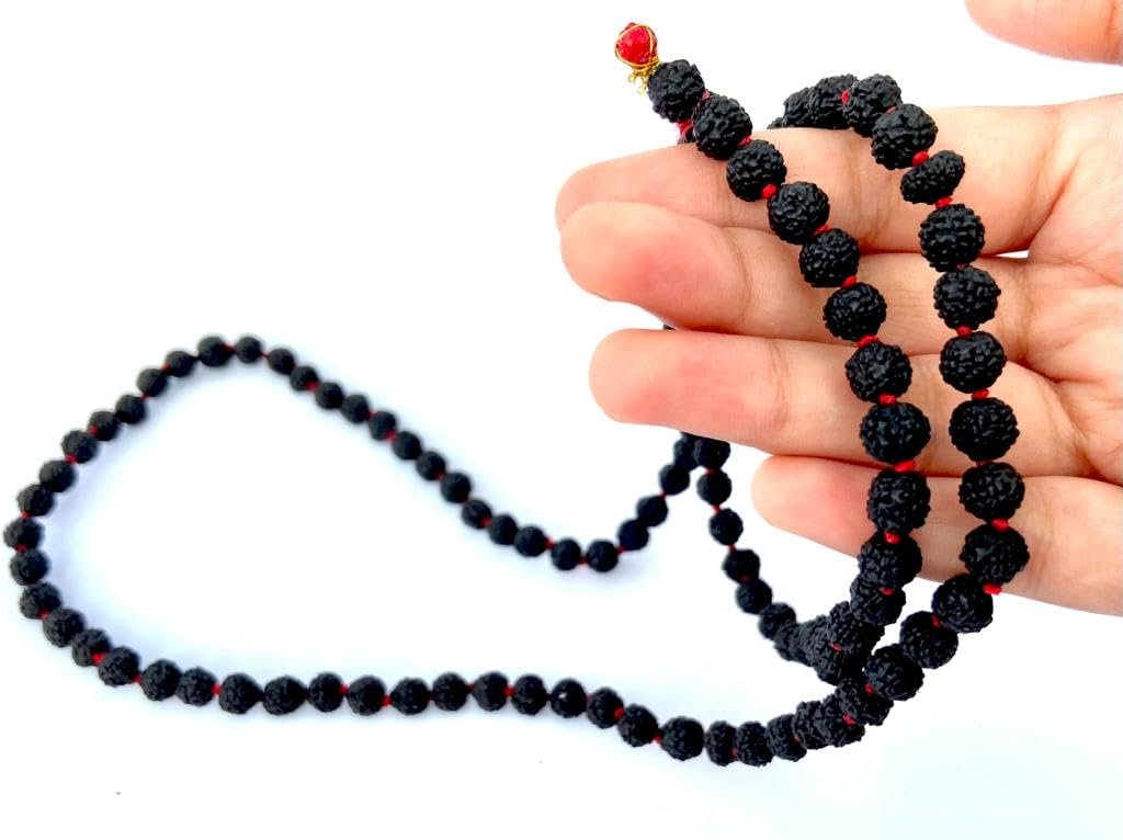 Original Rudraksha Panchmukhi Mala (Black, 6.5mm) for Wearing and Japa Mala (5 Mukhi Mala, 108 Beads Mala Rosary Garland) (Black)