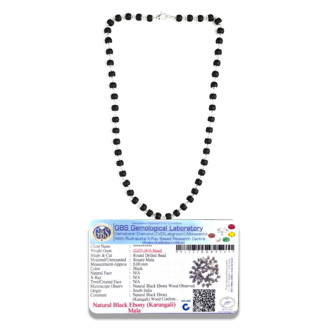 Original Karungali Mala 7mm 54 Beads Silver Capped | Certified Ebony Wood Jap Mala for Men | Spiritual Karungali Mala with Lab Certificate