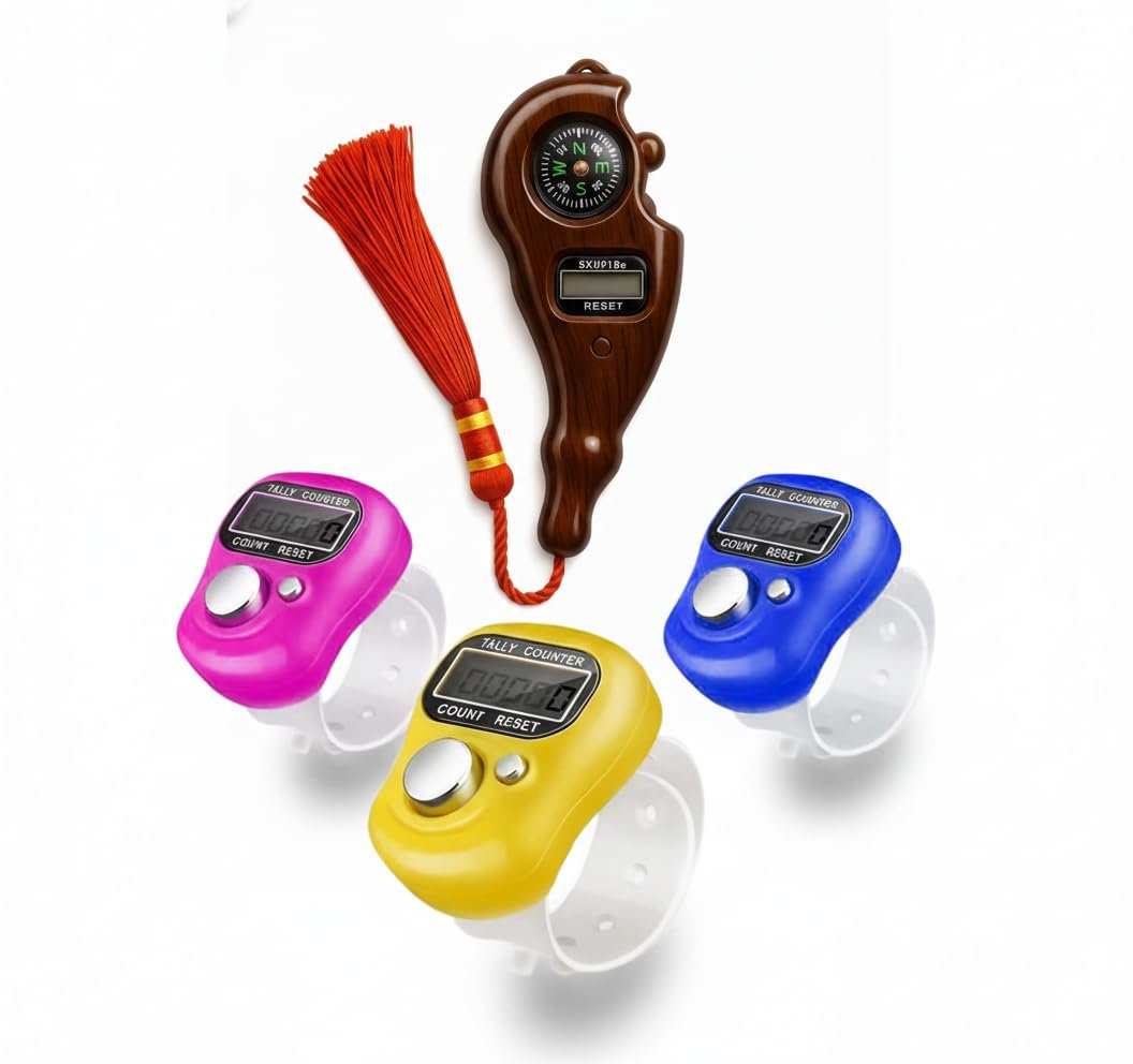 Tally Counter Combo Pack 3 Digital Finger Tally Counter + 1 Wooden Jaap Counter | Mala Jaap,Tasbeeh, Misbaha Counter | Finger Click Counter for Pooja,Meditation & Mantra Chanting(Multi-Color)