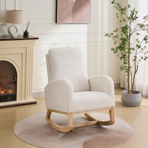 Rocking Chair, Sherpa Boucle Glider Chair Nursery Rocker with High Back, Side Pocket, Rubberwood Legs, Ivory White Rocking Armchair for Nursing, Feeding, Baby Room Living Room