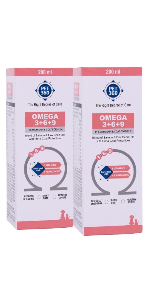 Omega 3+6+9 for Dogs | Blend of Salmon & Flax Seed Oils with Fur & Coat Protectives | Reduced Shedding | Shiny Coat | Healthy Joints | Nutritional Supplement for Pets – 200 ml, Pack of 2