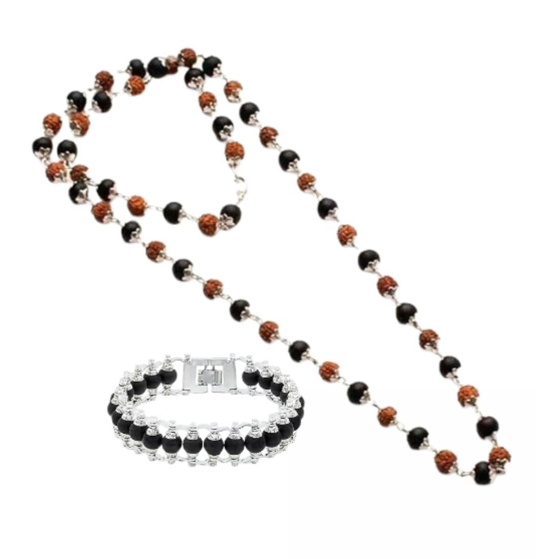 MARMORIS ECOM Combo of Silver Plated 54+1 Beads 5 Mukhi Rudraksha Karungali Mala & Karungali Bracelet for Meditation and Spiritual Growth, Jap | Gift for Men & Women