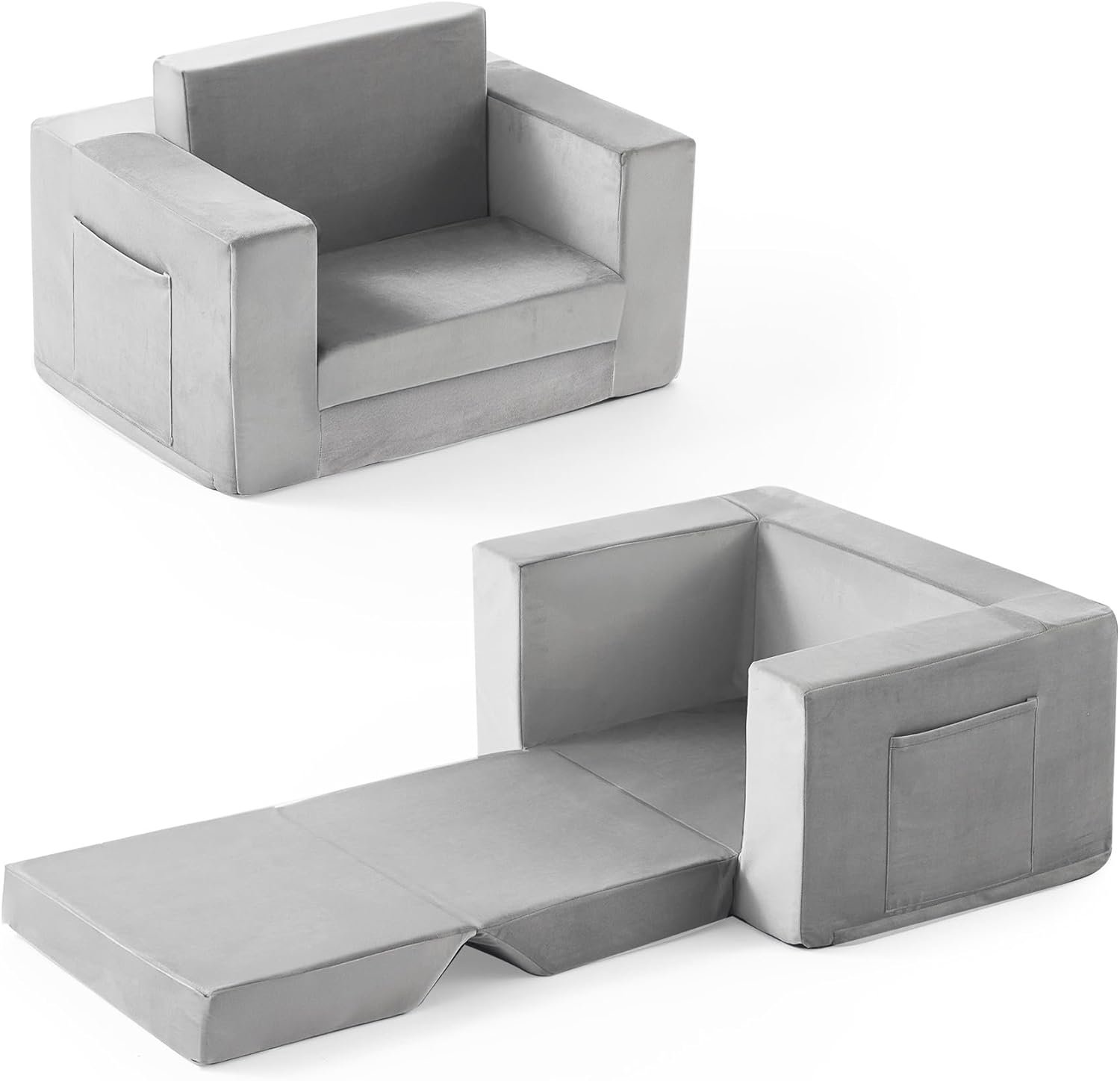 Kids Couch, 2-in-1 Toddler Chair Comfy 1-3 Years Old, Convertible Kids Chair, Toddler Couch Sofa, Kid Sofa to Lounge Bed for Boys and Girls Gifts, Kids Recliner, Grey