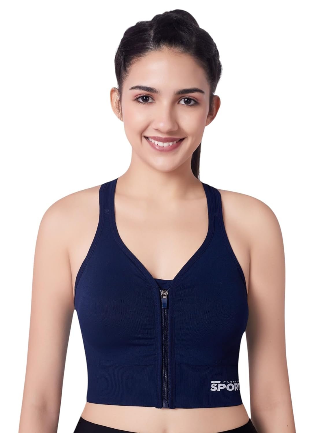 PLUMBURY Women’s Seamless Padded Full Coverage Front Zip Sports Bra, Size M to XL