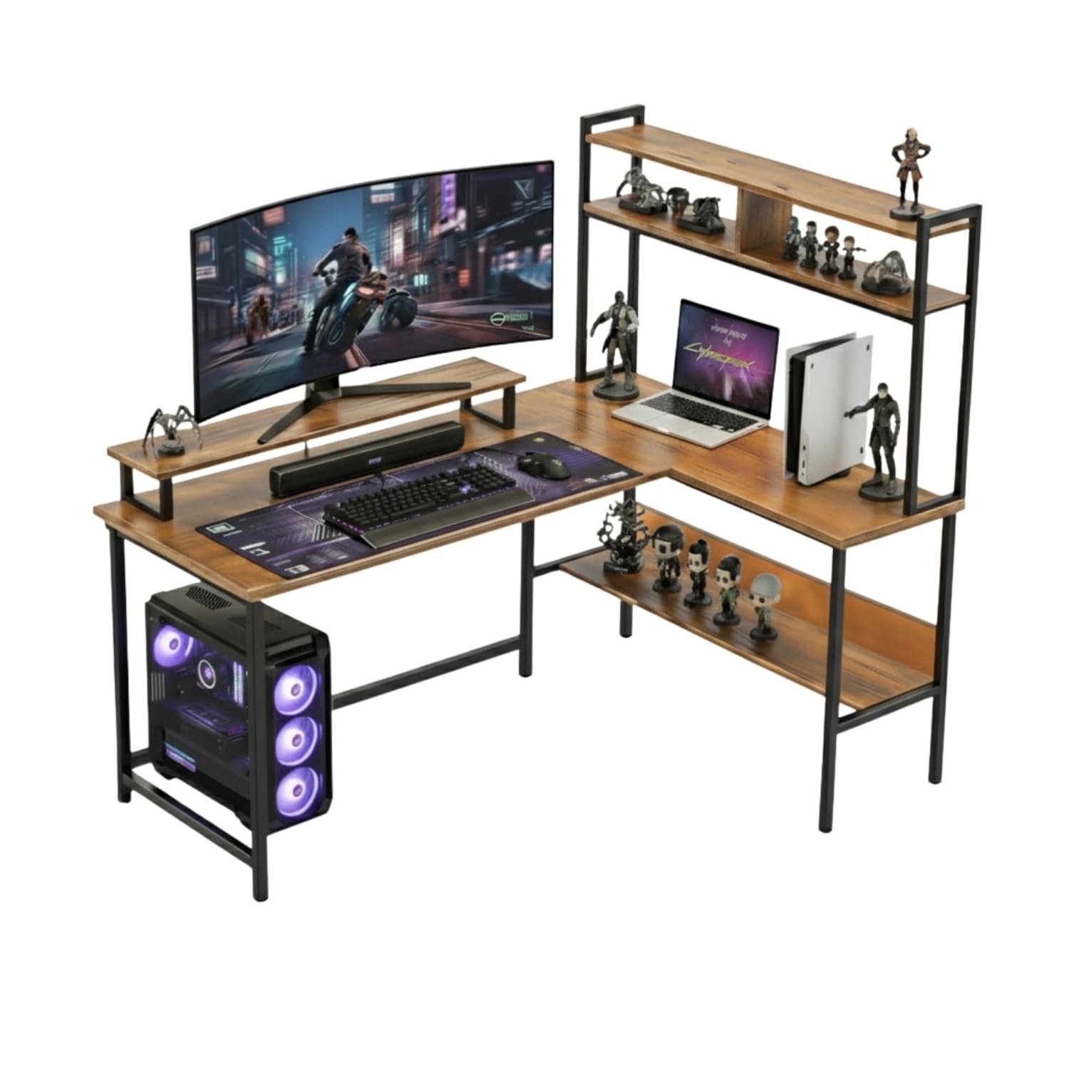 TEKAVO Tonny L Shaped Desk, Computer Table for Home Pc, Office Table for Home, Gaming Worktable | with Book Shelf + Monitor Riser, Brown Wood, Metal (124 Cm x 48 Cm x 75 Cm) | DIY