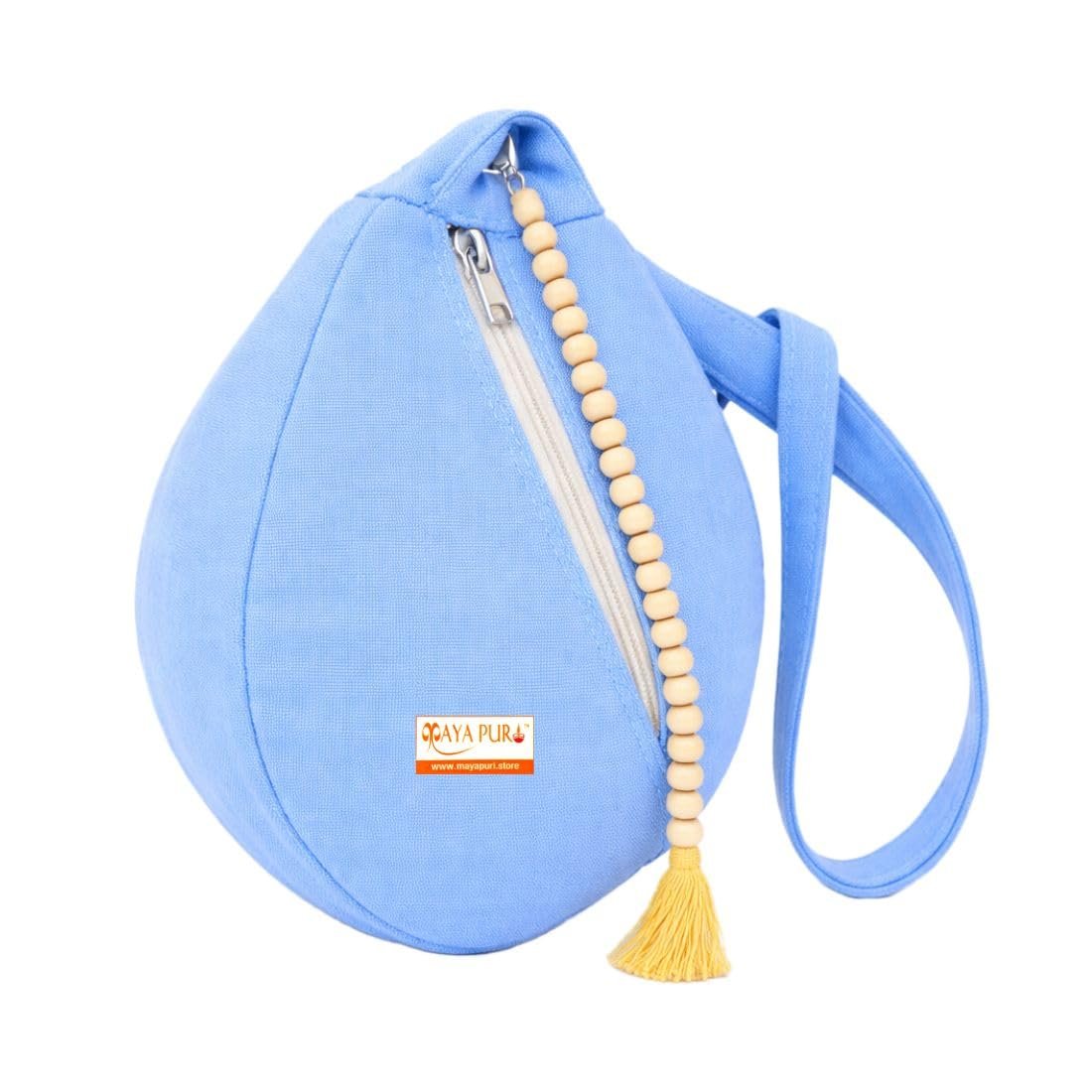 Pure Cotton Original Gomukhi Japa Mala Bag, Chanting Bag or Prayer Beads Bag, Double Stitched with Double Zipper Pocket and Sakshi Mala Counter (Sky Blue)