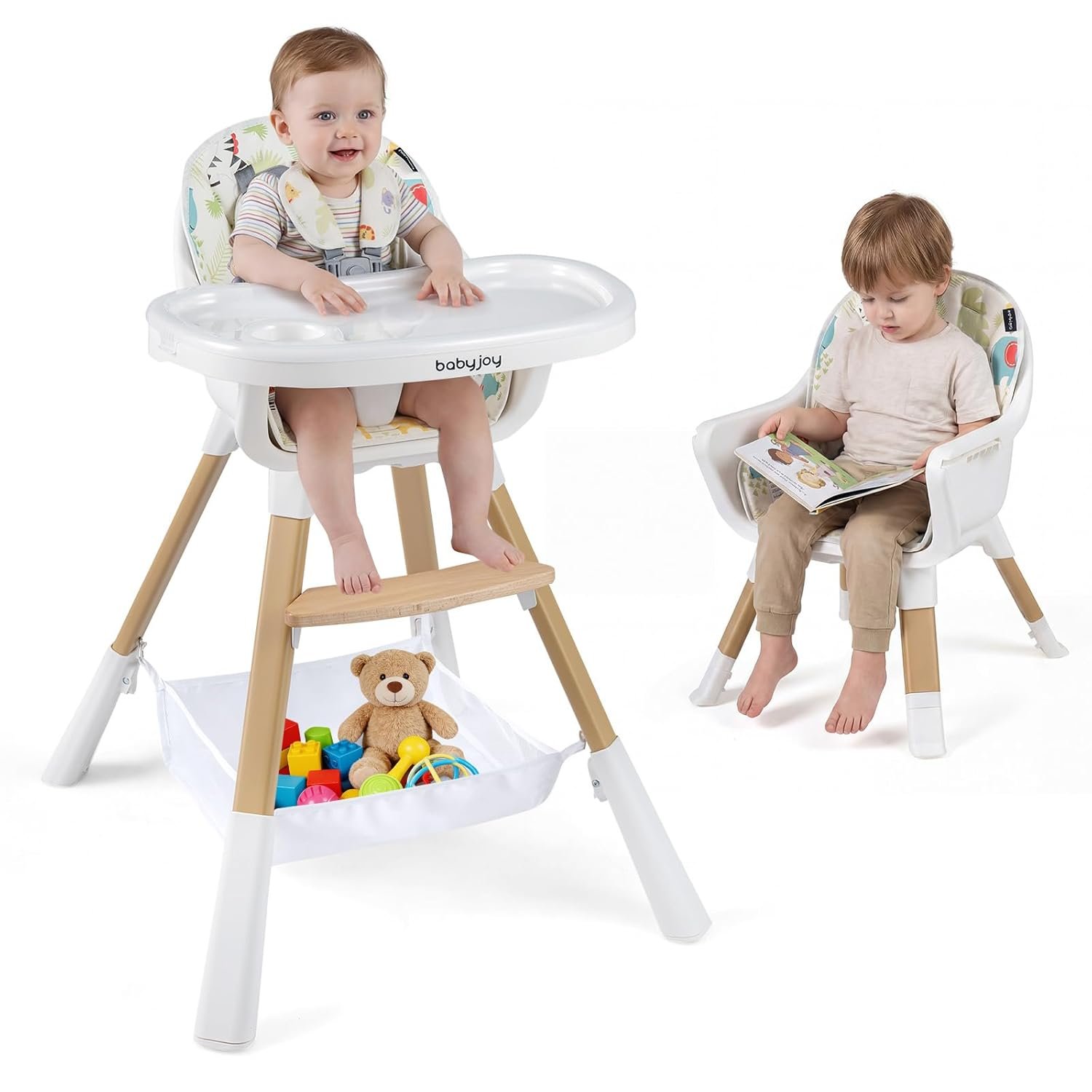 BABY JOY High Chair, 4-in-1 Convertible Highchair for Babies and Toddlers with Adjustable Legs, Double Removable Tray, Storage Basket, 5-Point Safety Harness & Waterproof PU Cushion, Easy to Clean