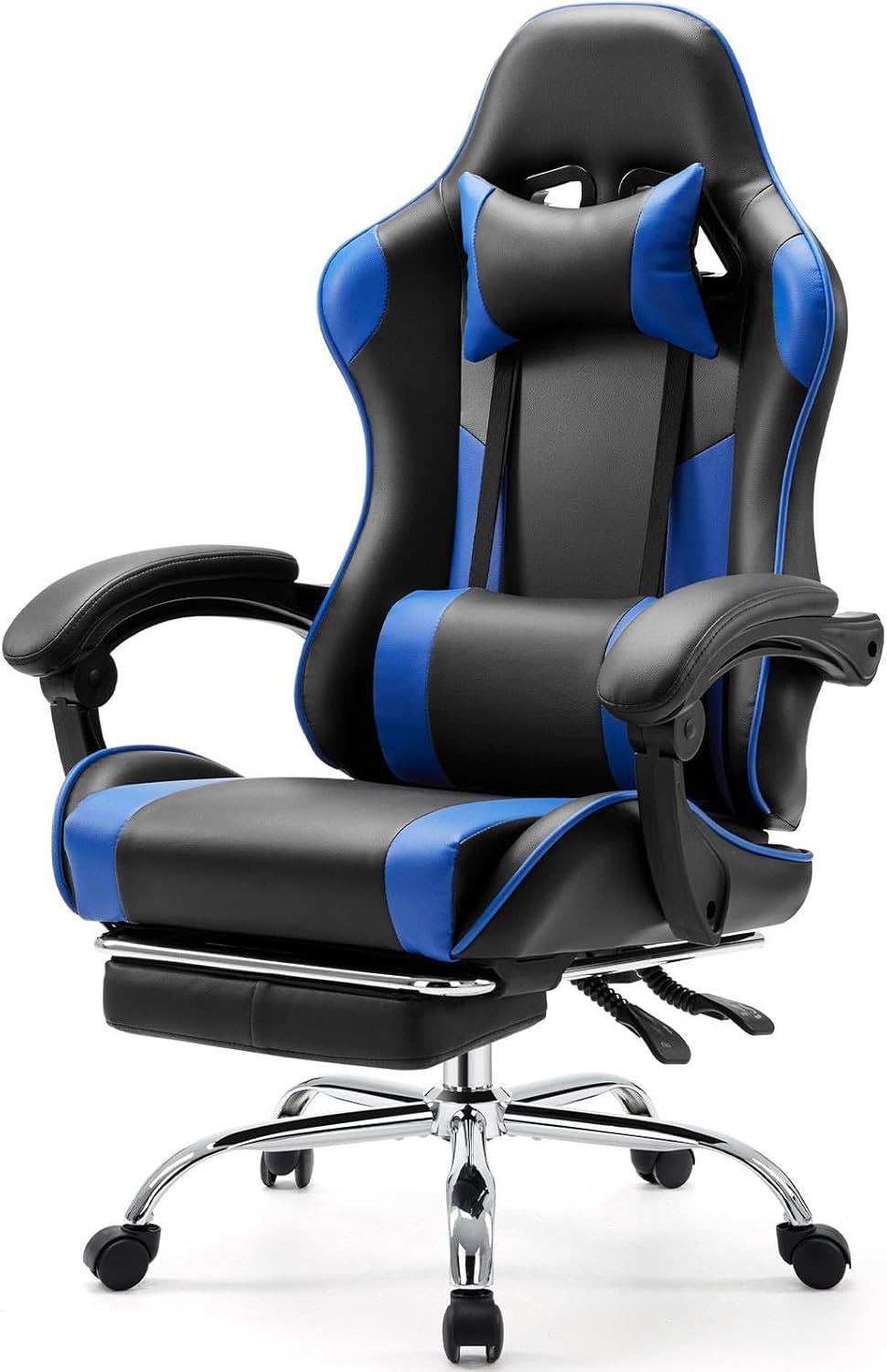 Sweetcrispy Video Game Desk Chair, High Back Ergonomic PU Leather Computer Gaming Chair with Adjustable Headrest & Footrest, Linkage Armrest and Height Adjustable, 360° Swivel, for Adults, Blue