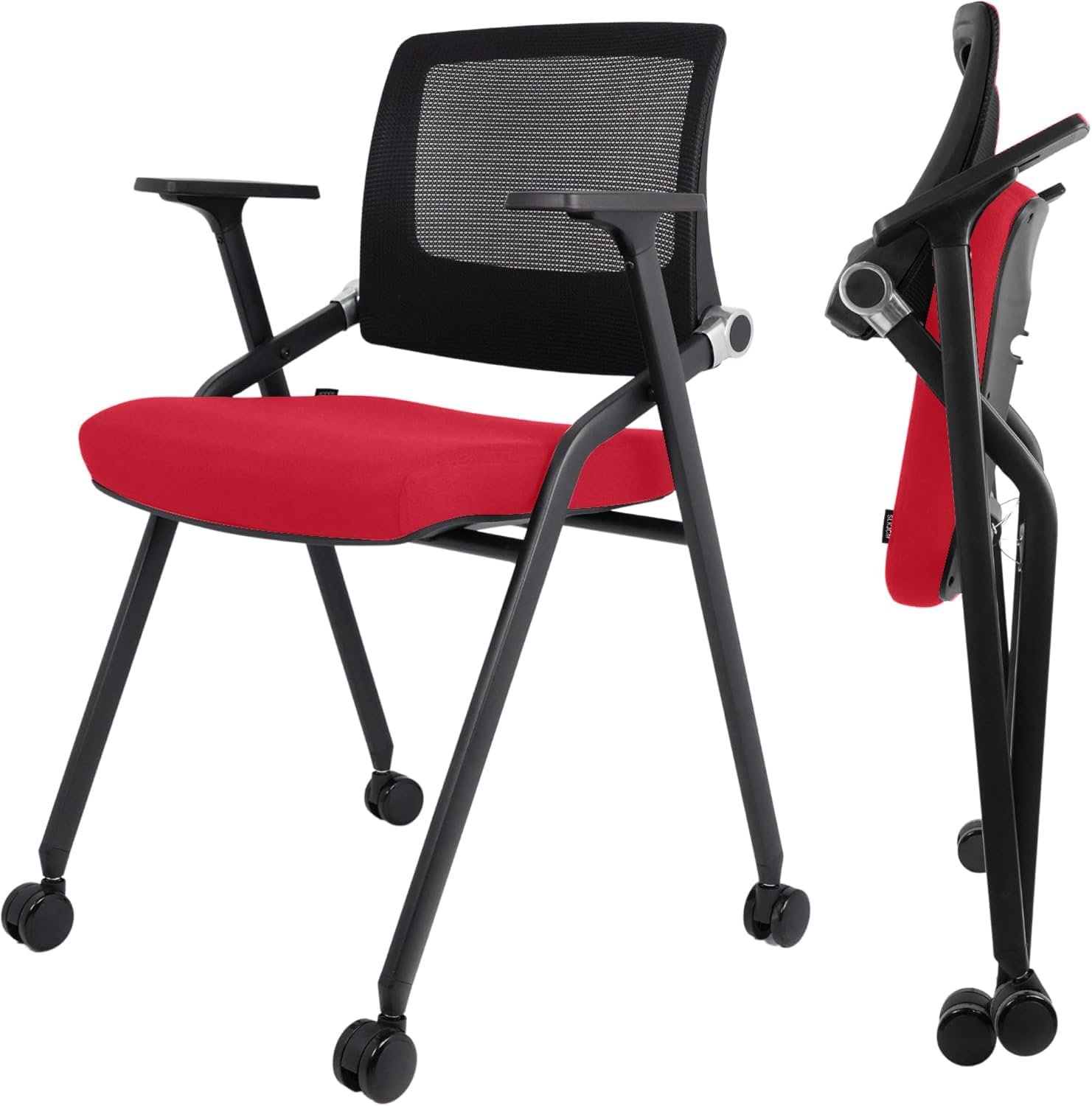 2 Pack Foldable Office Chairs with Wheels, Mesh Back, Arms and Portable – Folding Office Chairs for Conference Room Chair, Office Guest & Reception & Meeting Chair – (Red) 300 lbs.