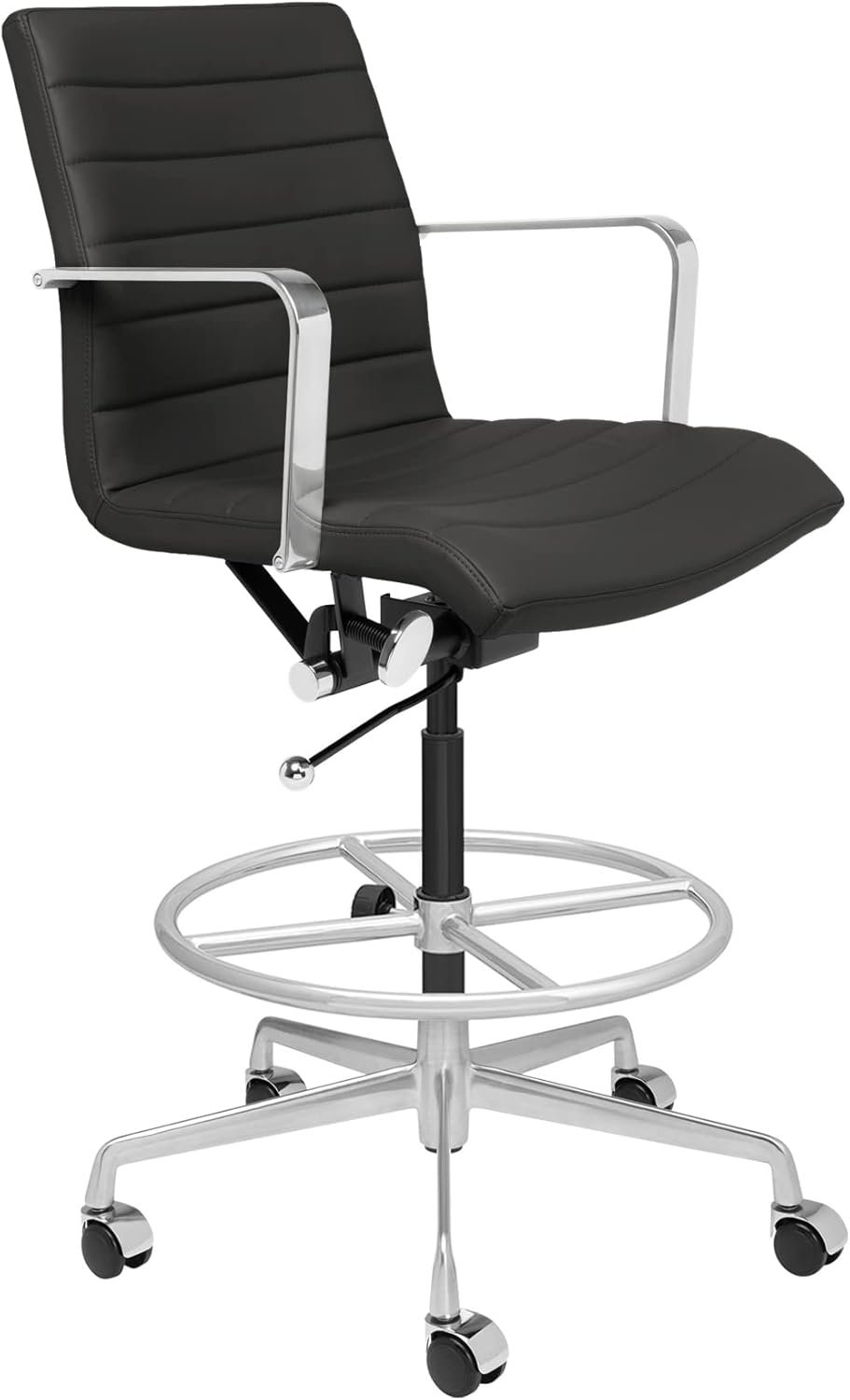 Laura Davidson Furniture SOHO II Ribbed Drafting Chair for Standing Desks, Standing Desk Chair – Ergonomically Designed, Commercial Grade Draft Height, Arm Rest & Cushion, Made of Faux Leather, Black