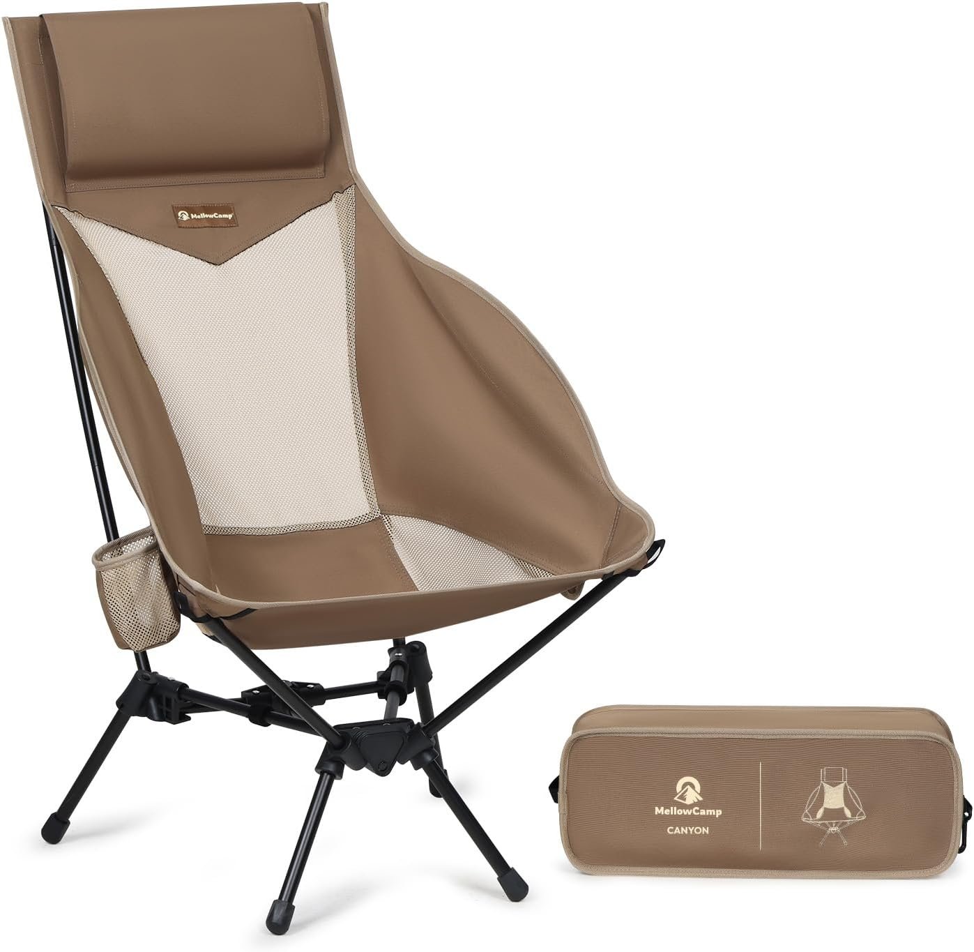MellowCamp High Back Camping Chair, Oversized Comfort Design Collapsible Camp Chair with Pillow (Brown)