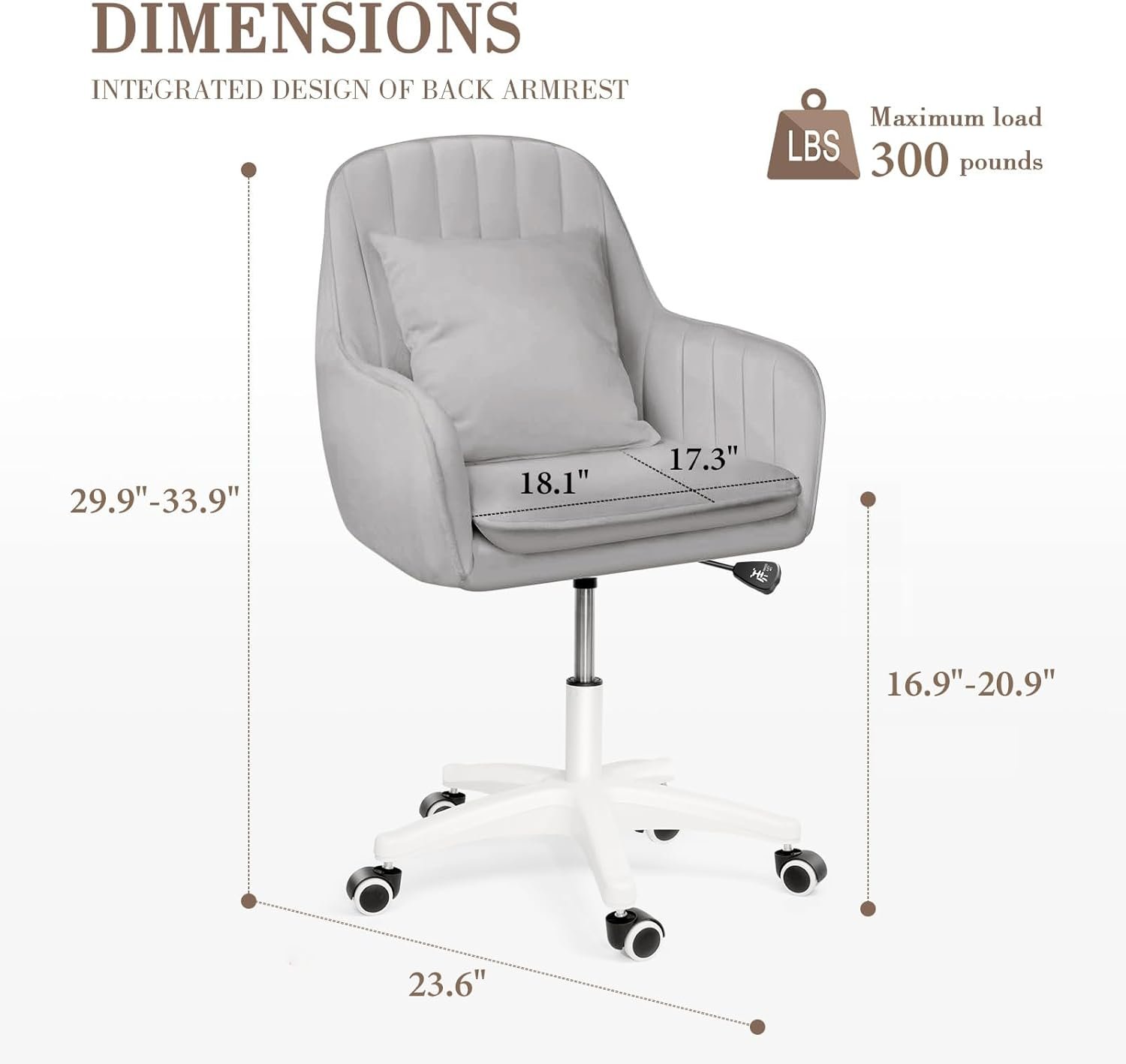 Mid Back Velvet Vanity Chair Swivel Rolling Desk Chair with Wheels, Modern Upholstered Makeup Chair for Women Girls, Computer Task Chair for Bedroom Living Room Office, Gray