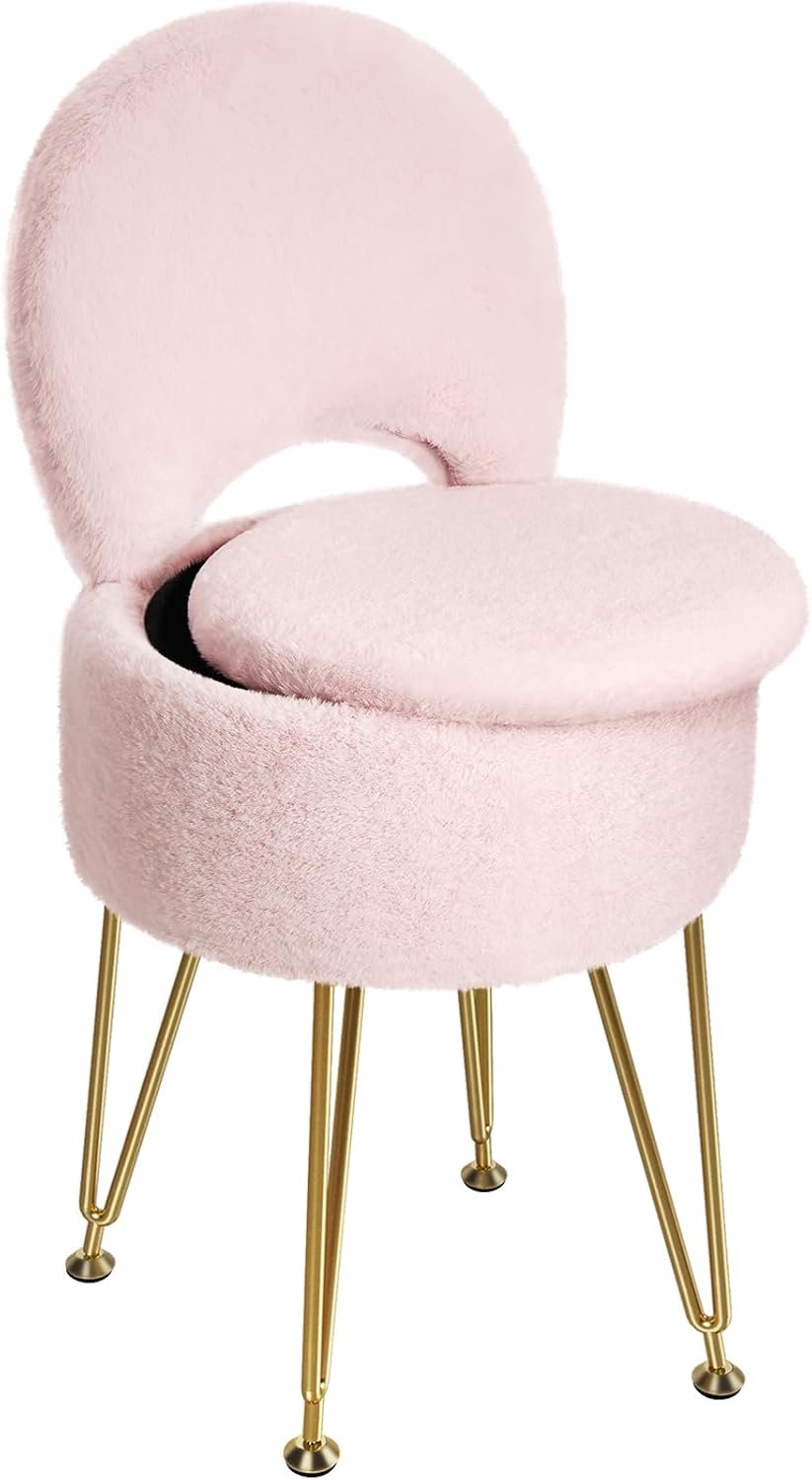 GREENSTELL Small Vanity Stool Chair with Storage and Folding Back, 13″ x 13″ x 17.7″ Faux Fur Soft Ottoman for Teenager, 4 Metal Legs with Anti-Slip Feet, Furry Padded Seat for Makeup, Bedroom, Pink