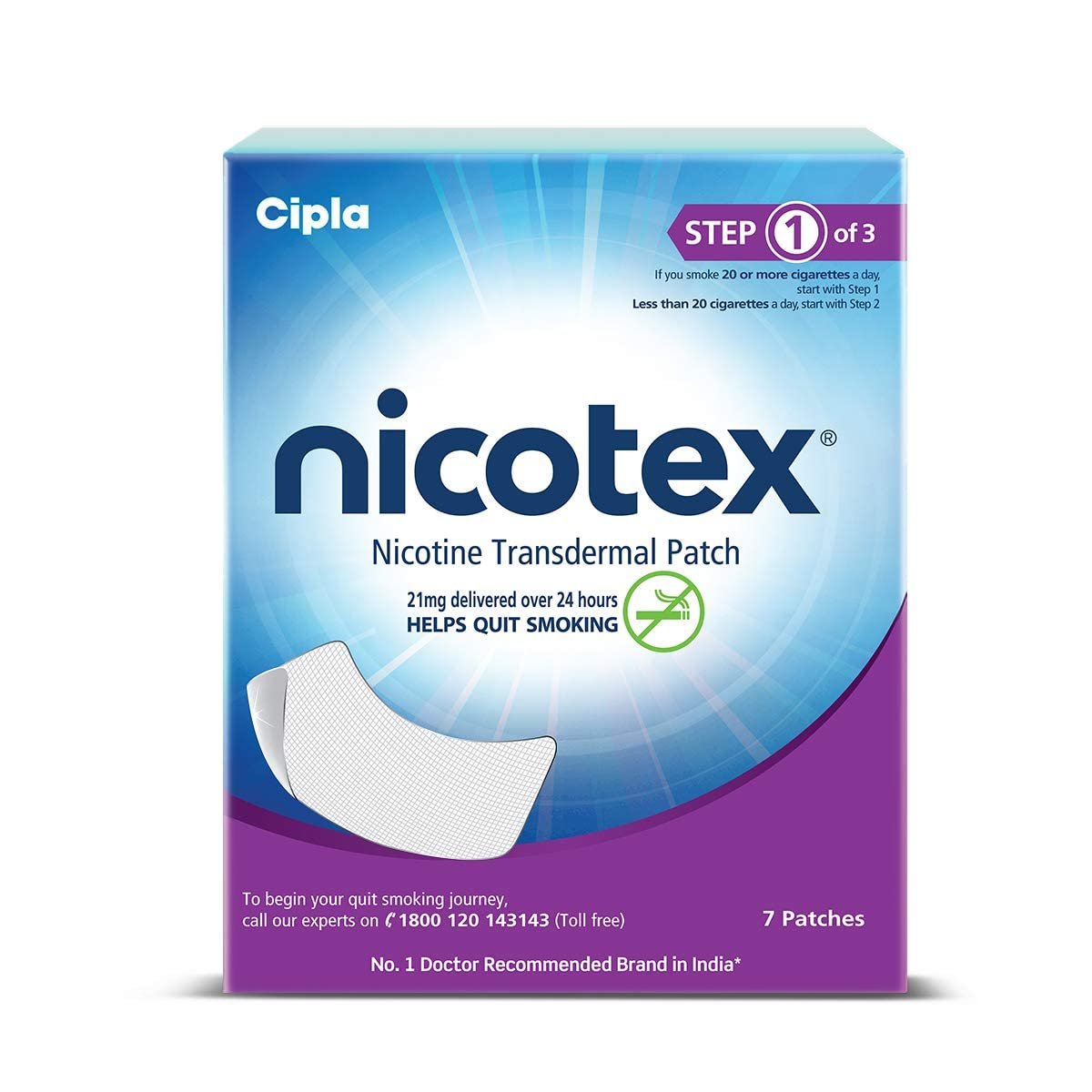 Cipla Nicotex Nicotine Transdermal Patch | Helps to Quit Smoking | WHO – Approved Therapy | 7 Patches (Step 1-21mg)
