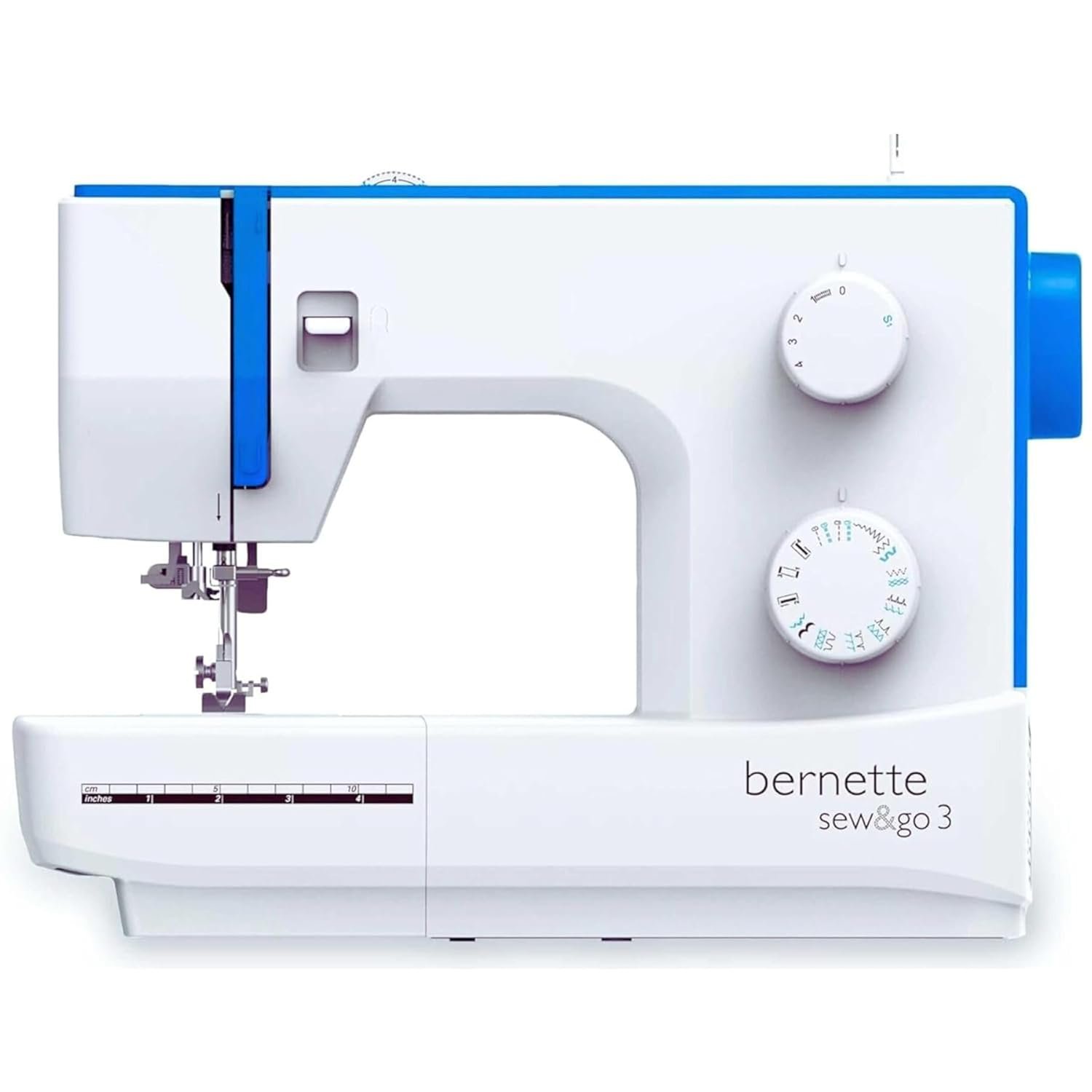 Bernette sew&go3 Electric Sewing Machine by BERNINA Switzerland | 19 Stitches & 57 Functions | Automatic Zig-Zag | 70W Motor | Metal Frame | Auto Needle Threader | Accessory Kit | White & Blue