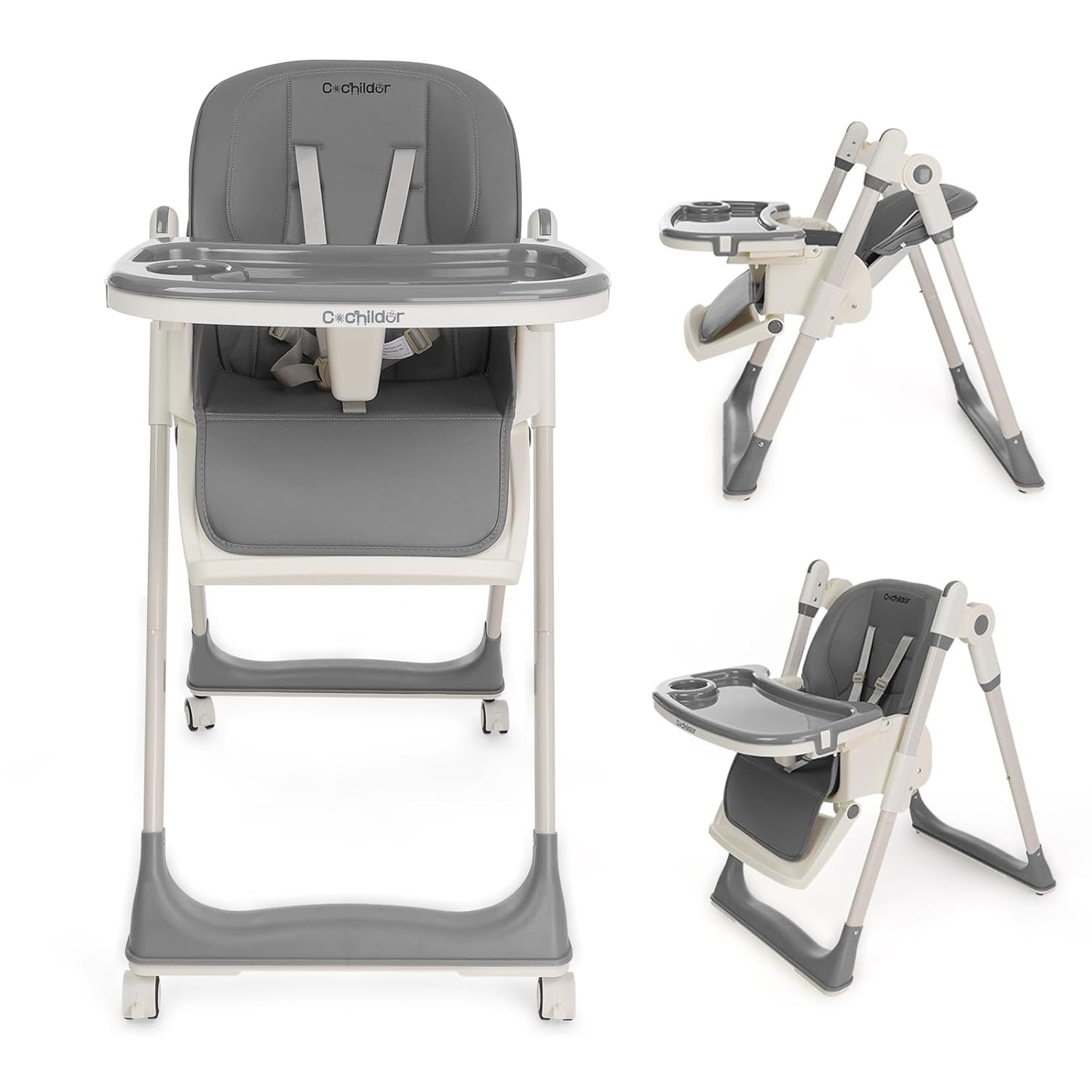 3-in-1 Foldable High Chair for Babies & Toddlers – Adjustable Height, Reclining Seat, 5-Point Safety Harness, Removable Tray, Lockable Wheels, Washable Cushion – Portable & Easy Clean, Grey