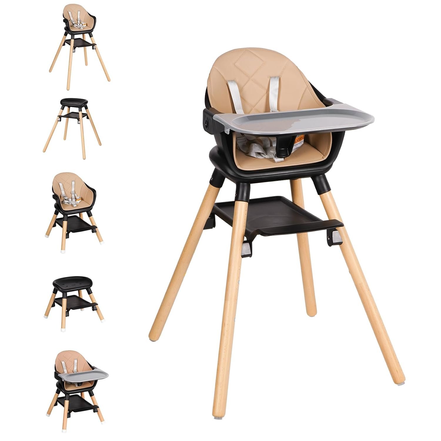 High Chair, 6 in 1 Wooden Convertible High Chairs for Babies and Toddlers, Booster Seat with Double Tray & Reversible Footrest Baby Highchair, 5-Point Harness Baby Feeding Chair, Black
