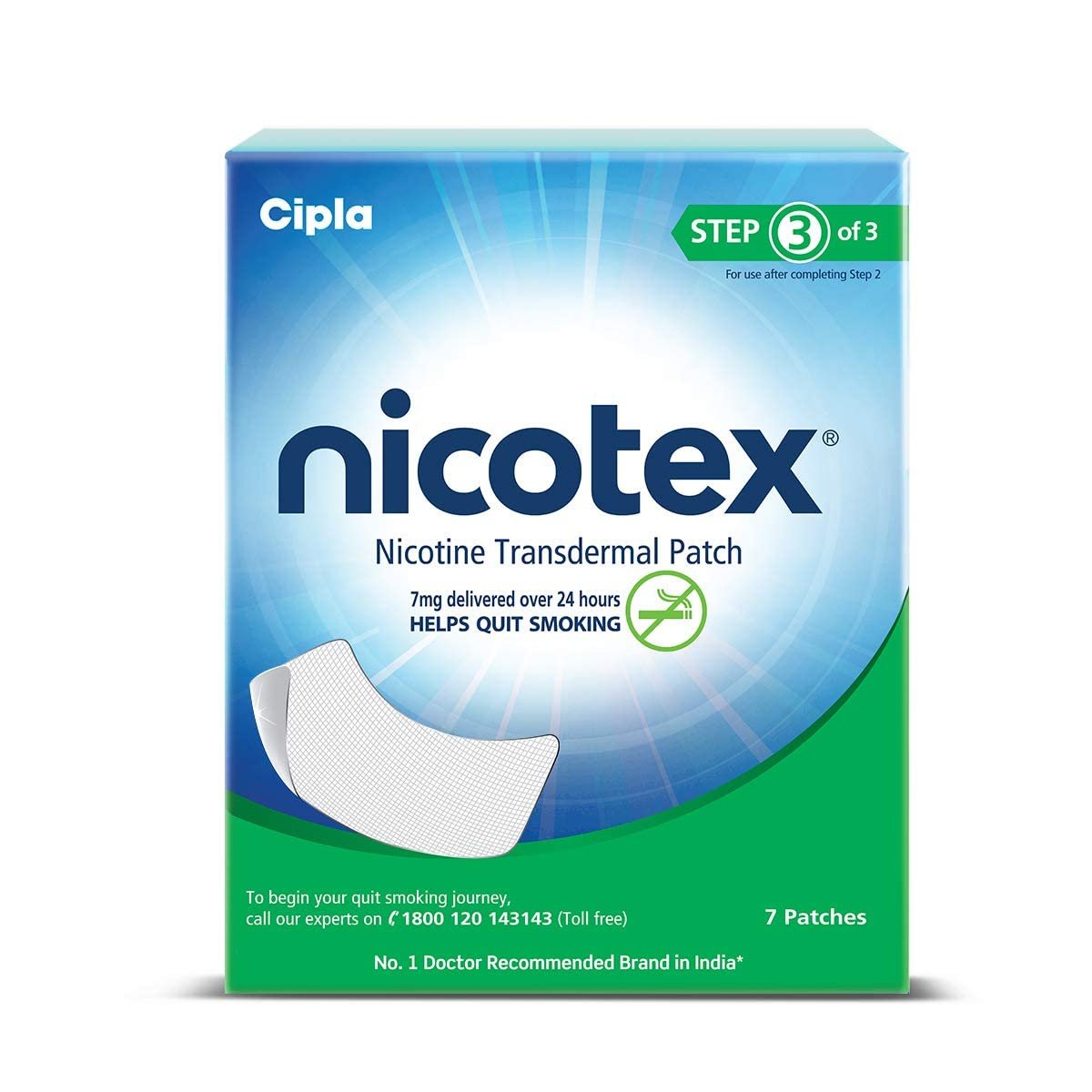 Cipla Nicotex Nicotine Transdermal Patch | Helps to Quit Smoking | WHO – Approved Therapy | 7 Patches (Step 3-7mg)