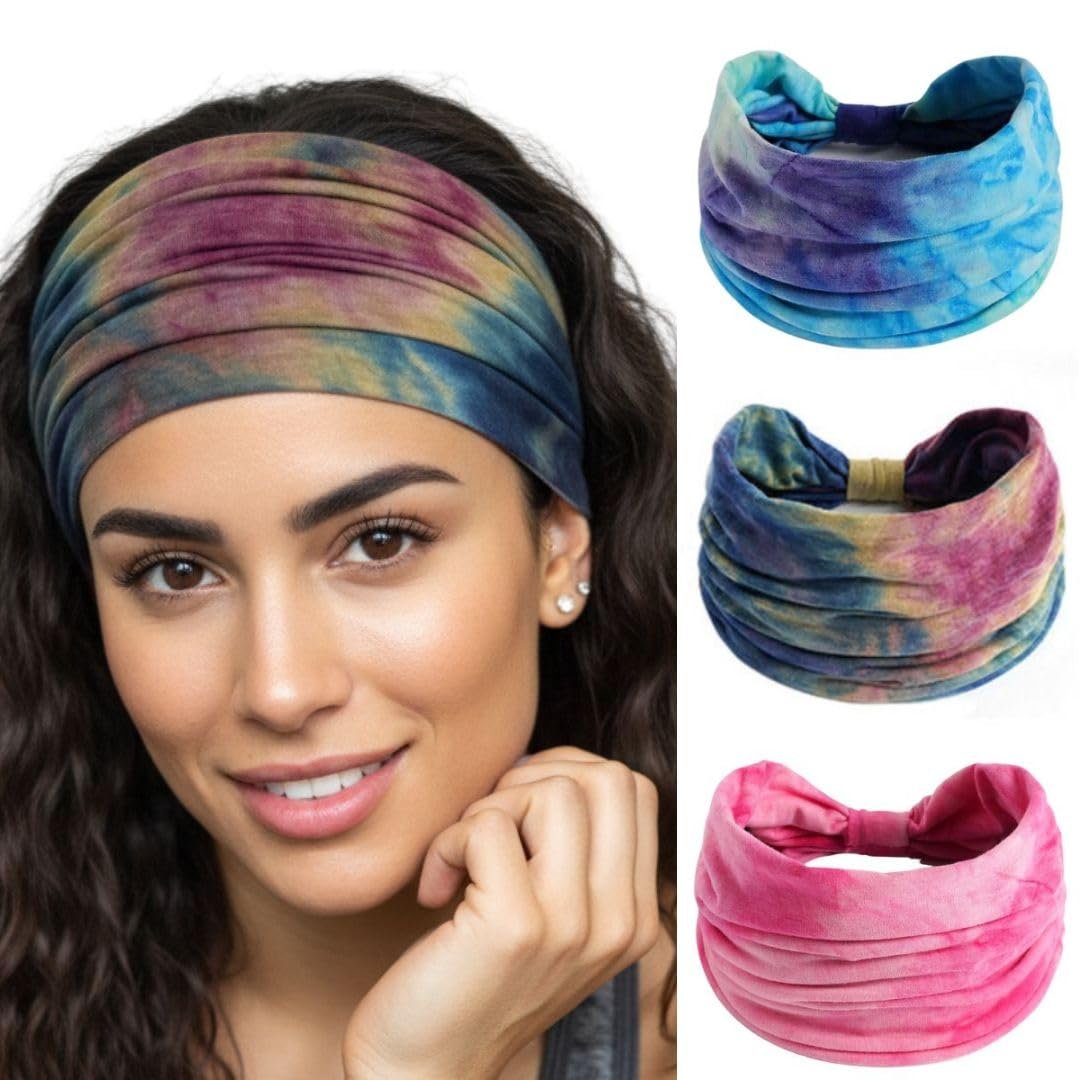 XFYT Pack of 3 Tie-Dye Boho Chic Sports Hair Bands Performance Meets Fashion | Sweat Absorbent Soft Wide Head Bandana Girls Women Hairband for Yoga, Workout, Gym (Boho, Pack of 3)