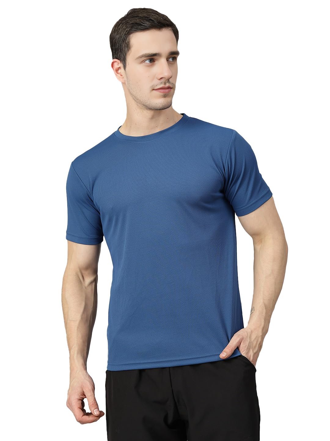CHKOKKO Men Polyester Solid Quick Dry Half Sleeve Regular Fit Round Crew Neck Active Sportswear Gym T-Shirt for Workout Training Running and Fitness Activities