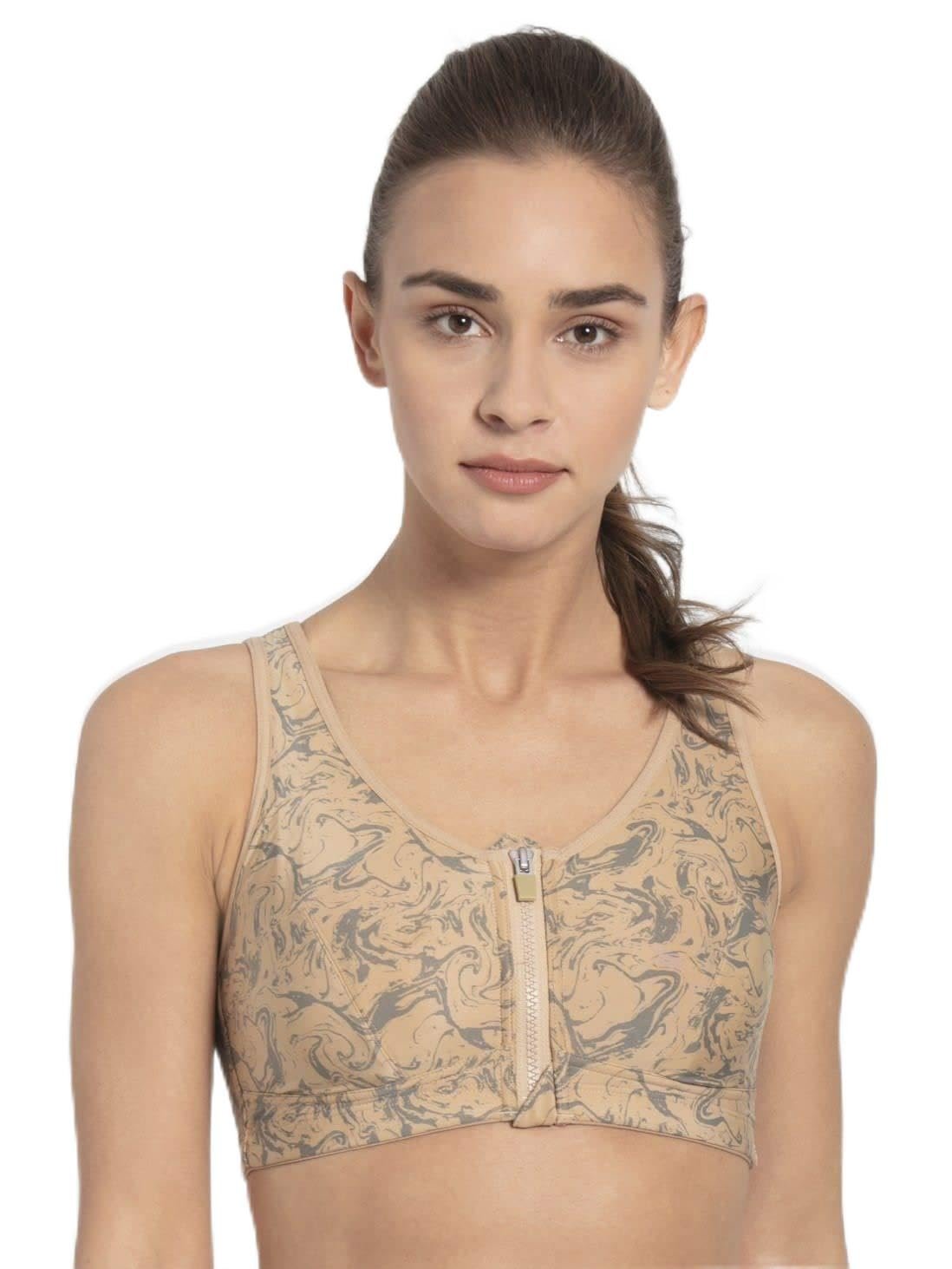 Jockey MI02 Sports Bra | Wirefree | Padded | Full Coverage | Printed | Racer Back Front Zipper Styling | Microfiber Elastane Fabric