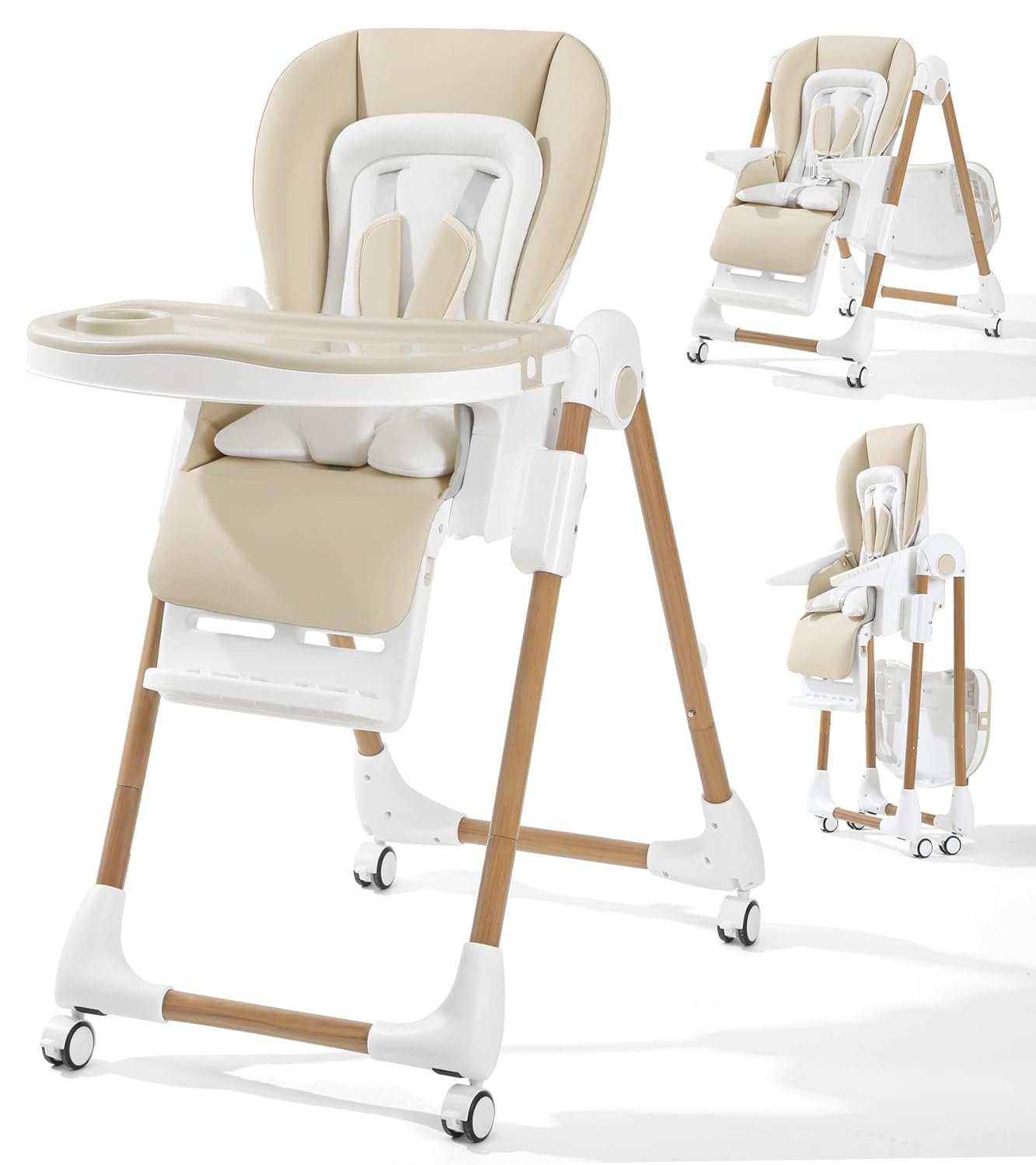 Mallify Foldable High Chairs for Babies and Toddlers, 3-in-1 Convertible Baby High Chair with Removable Soft Cushion and Tray, Adjustable Height & Recline, Lockable Wheels, Cream