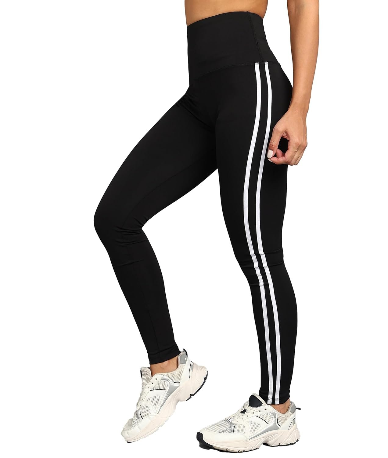 Rock Paper Scissors Premium Two White Strip Gym Tights High-Waisted, Sweat-Wicking, Athletic Fit Gym Tights for Working Out, Pilates,Yoga, Fitness & Training