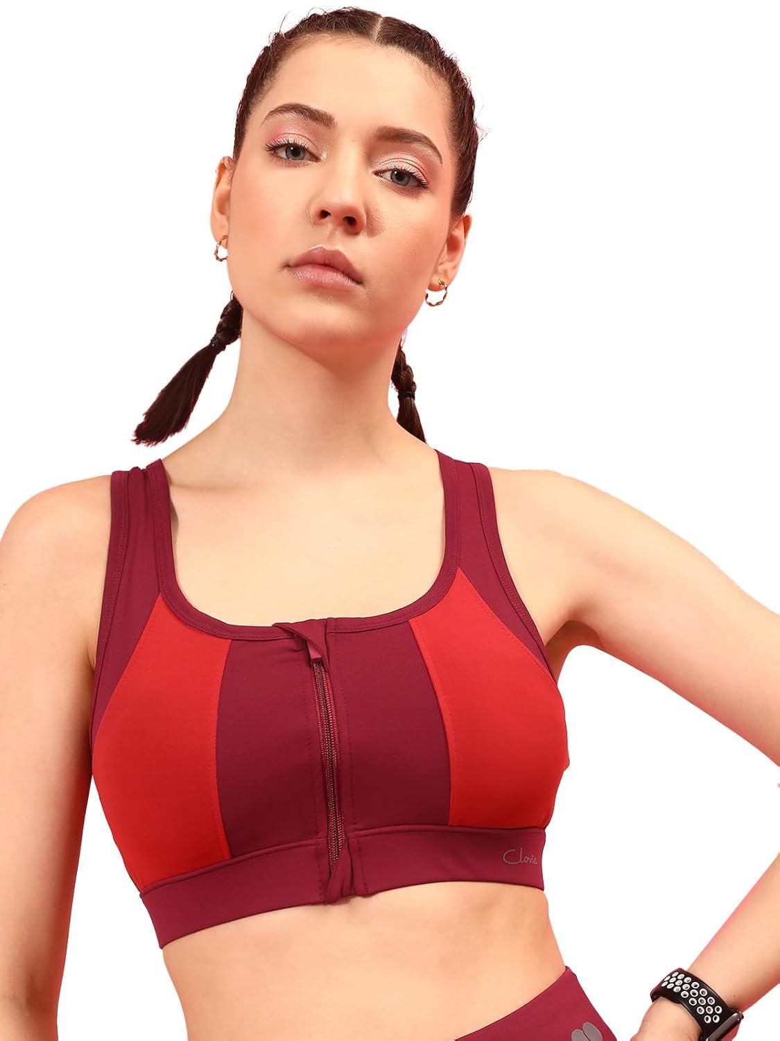 Clovia Women’s Medium Impact Padded Colourblocked Racerback Sports Bra with Front Zipper