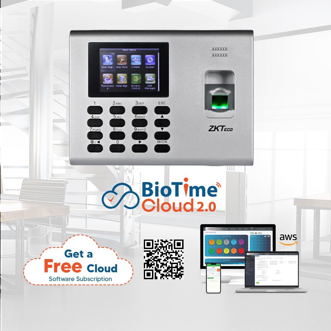 ZKTeco Time Attendance & Access Control Terminal | Biometric Fingerprint, RFID Card, Battery Backup | Free Cloud-Based Attendance Software | Employee Management System for Office & Factory