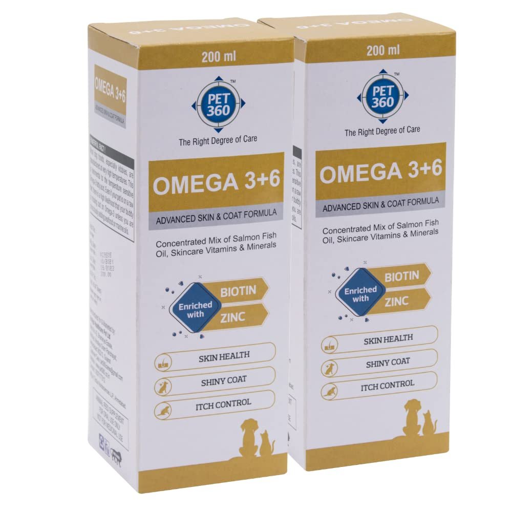 Omega 3+6 Concentrated Salmon Fish Oil for Dogs & Cats with Vitamins, Minerals & Taurine | Shinier Coat, Itch Control & Reduced Skin Allergies | Improved Skin & Hair Health – 200 ml, Pack of 2