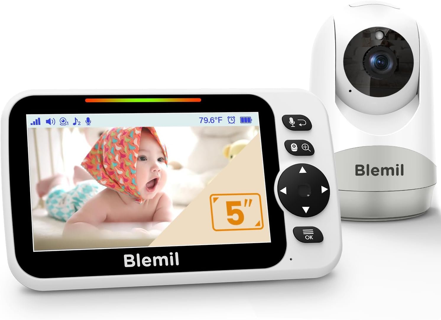 Blemil Baby Monitor with 30-Hour Battery, 5″ Large Split-Screen Video Baby Monitor with Camera and Audio, 3500mAh Battery, Remote Pan/Tilt/Zoom Camera, Two-Way Talk, Night Vision, Lullabies, No WiFi