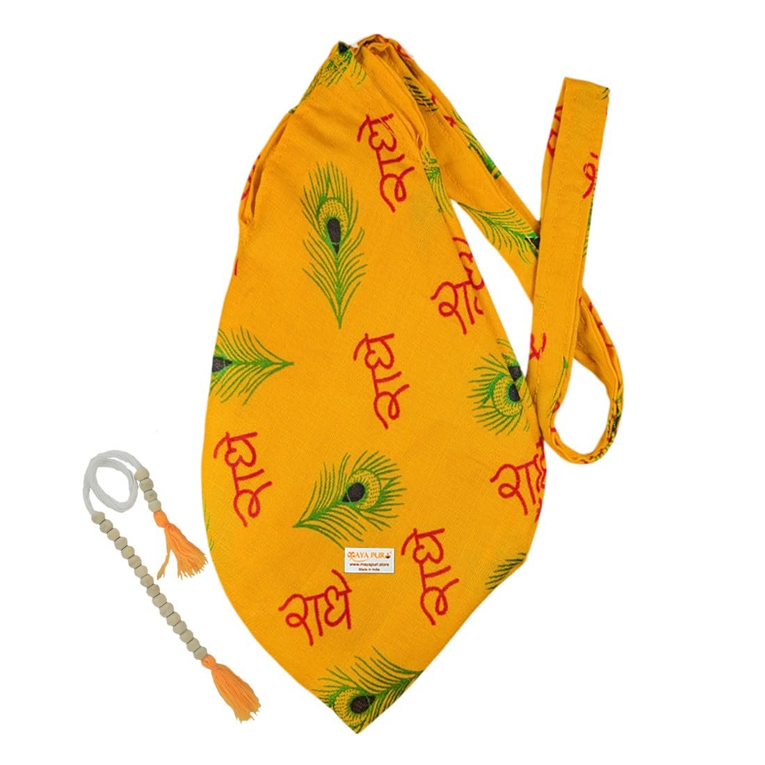Radhe Radhe Printed Pure Cotton Gomukhi Japa Mala Bag, Beads Bag or Chanting Bag with Zip Pocket and Sakshi Mala Counter, Pack of 1