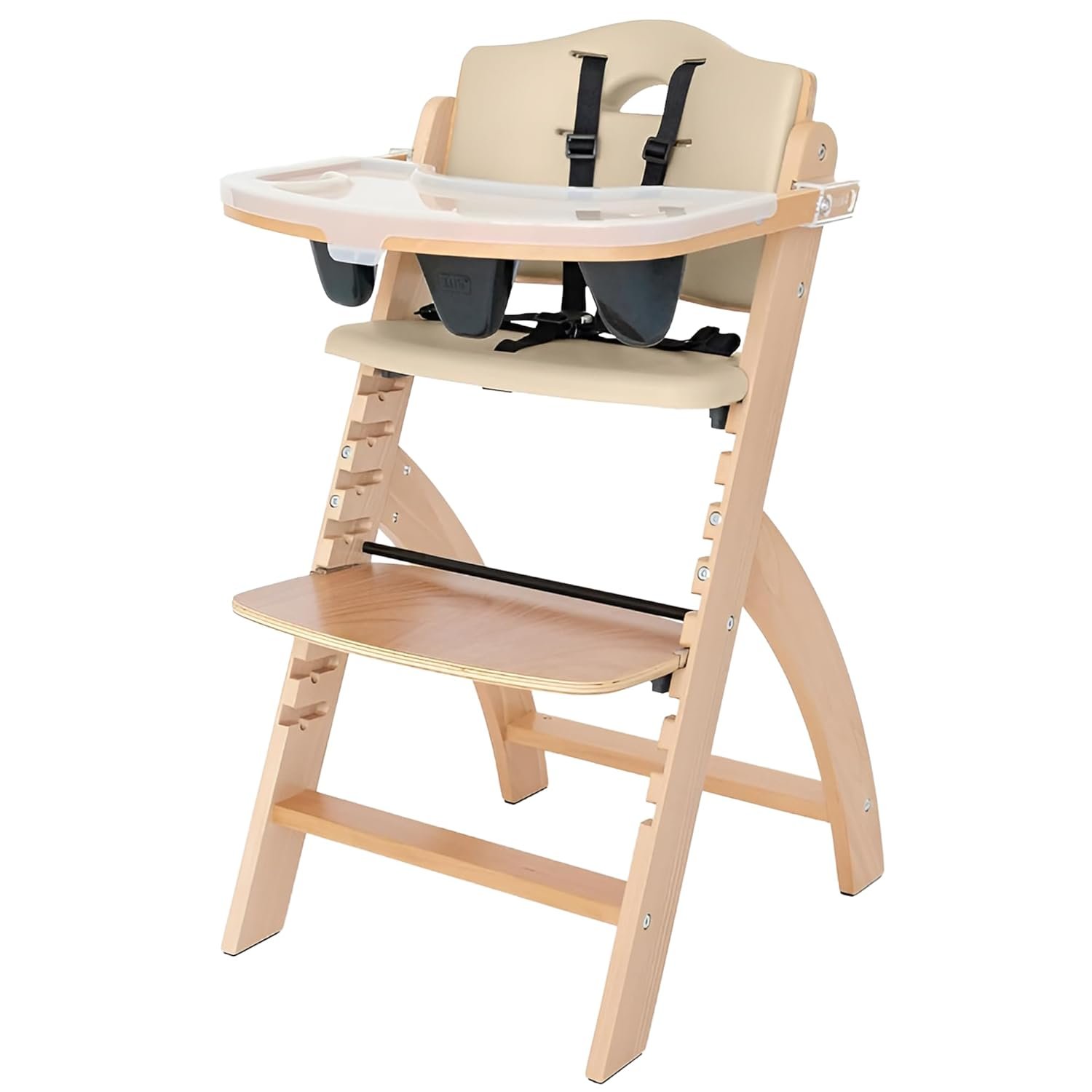 Abiie Beyond Junior Wooden High Chair with Tray – Adjustable and Convertible High Chair for Babies and Toddlers – 6 Months to 250 Lb – Water Resistant – Natural Wood with Beige Cushion