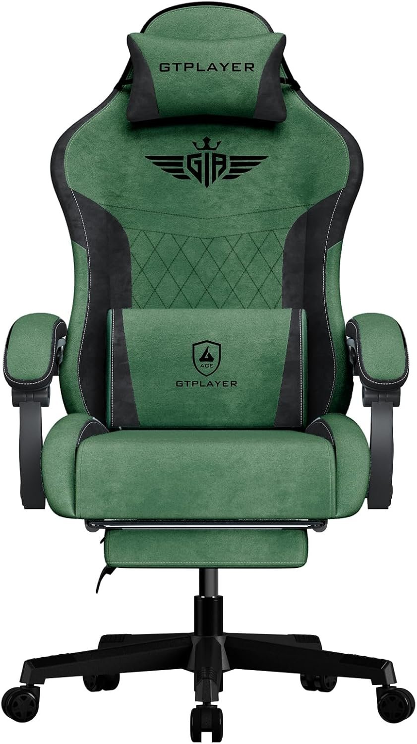 GTPLAYER Gaming Chair, Video Game Chairs with Footrest and Lumbar Support, Computer Chair for Adults with Extended Backrest, Ergonomic Reclining Silla Gamer, Fabric, Green