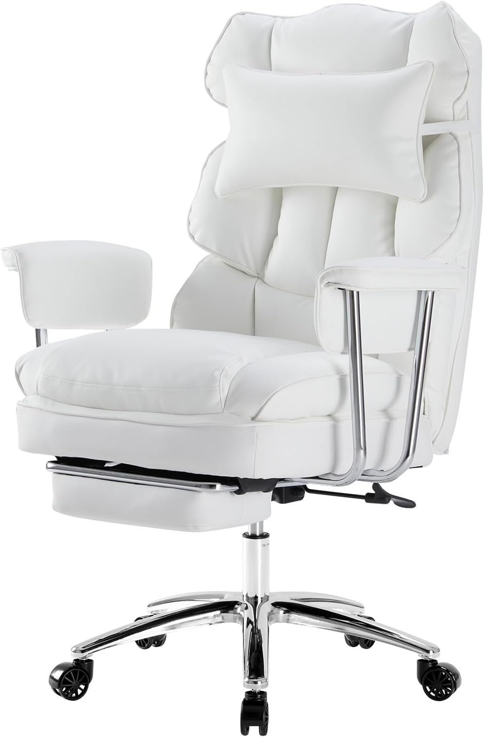OLIXIS Home Office Desk Chair Comfy with Foot Rest, PU Leather Ergonomic Big and Tall High Back Support, 360° Swivel Wheels, Armrests and Detachable Pillow, Height Adjustable, White