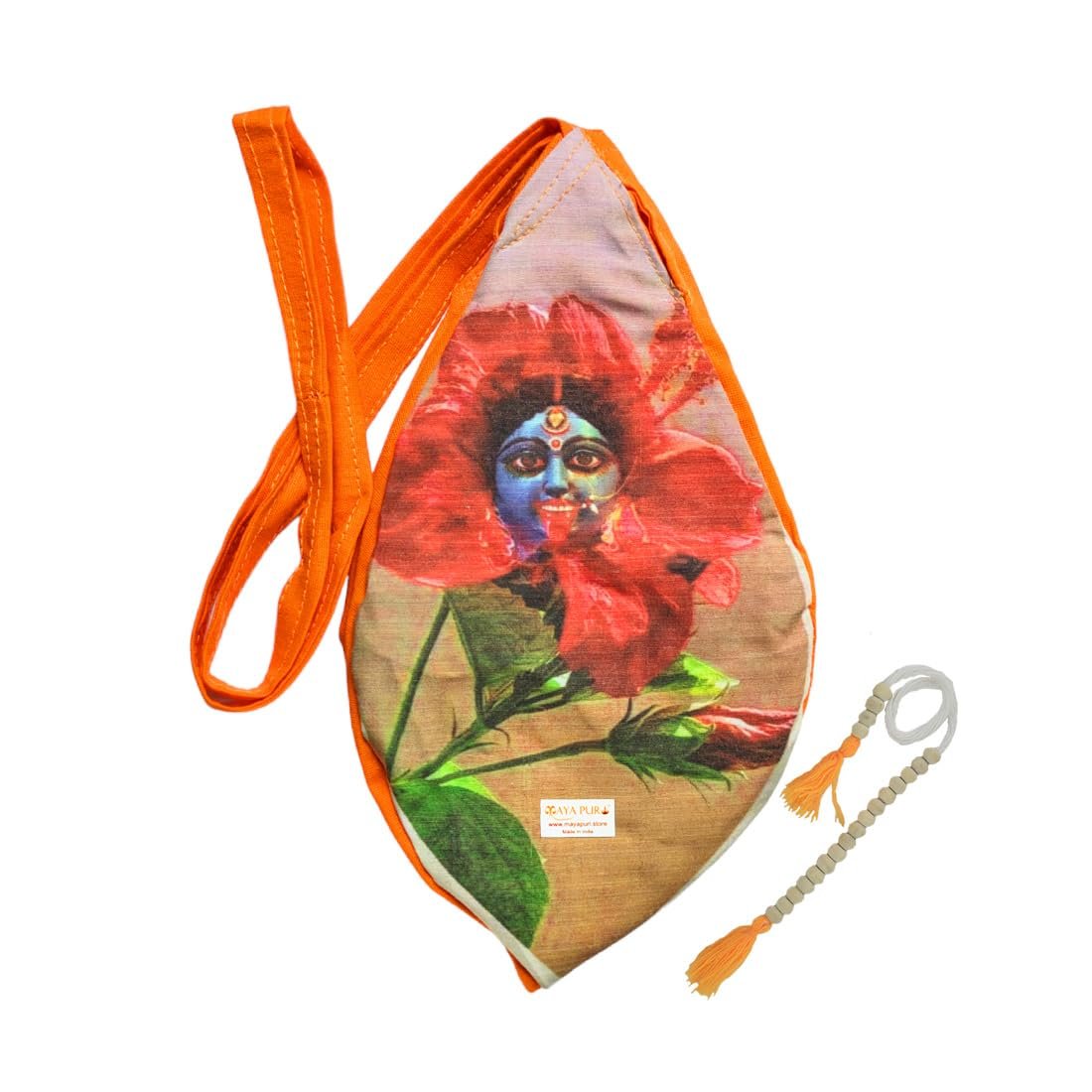 Kali Mata Printed Cotton Beads Bag, Gomukhi Chanting Jhola with Zip Pocket and Sakshi Mala Counter, Pack of 1 (Orange)
