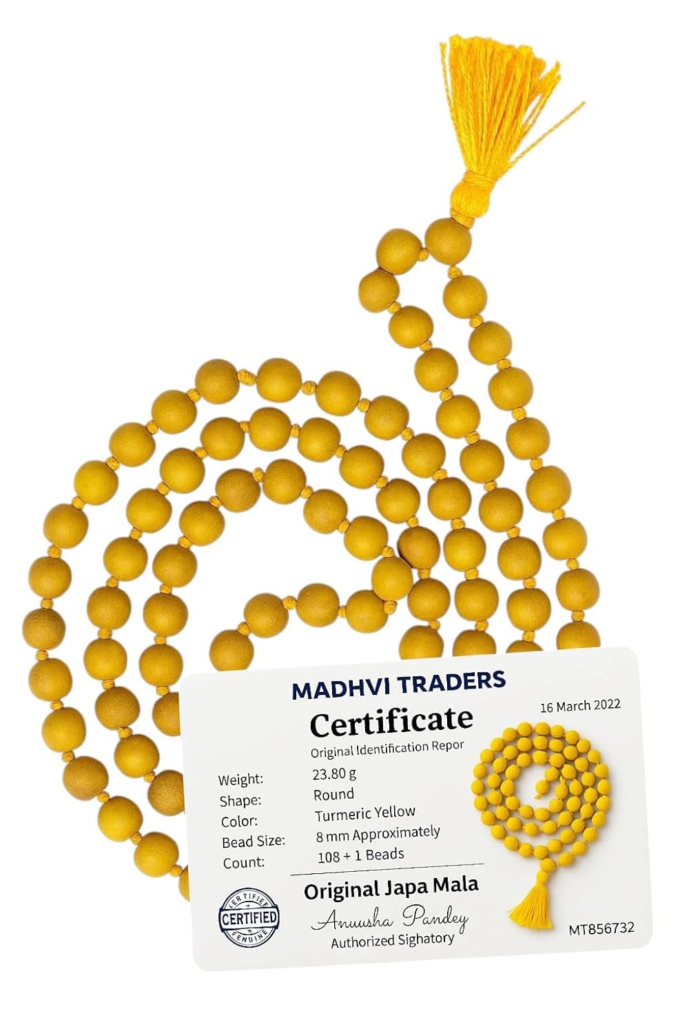 Natural Haldi Mala | Original Turmeric Mala | 108+1 Beads | हल्दी माला for Baglamukhi Sadhna, Jupiter Jaap & Siddhi | 18 Inch Garland for Puja, Jap & Meditation