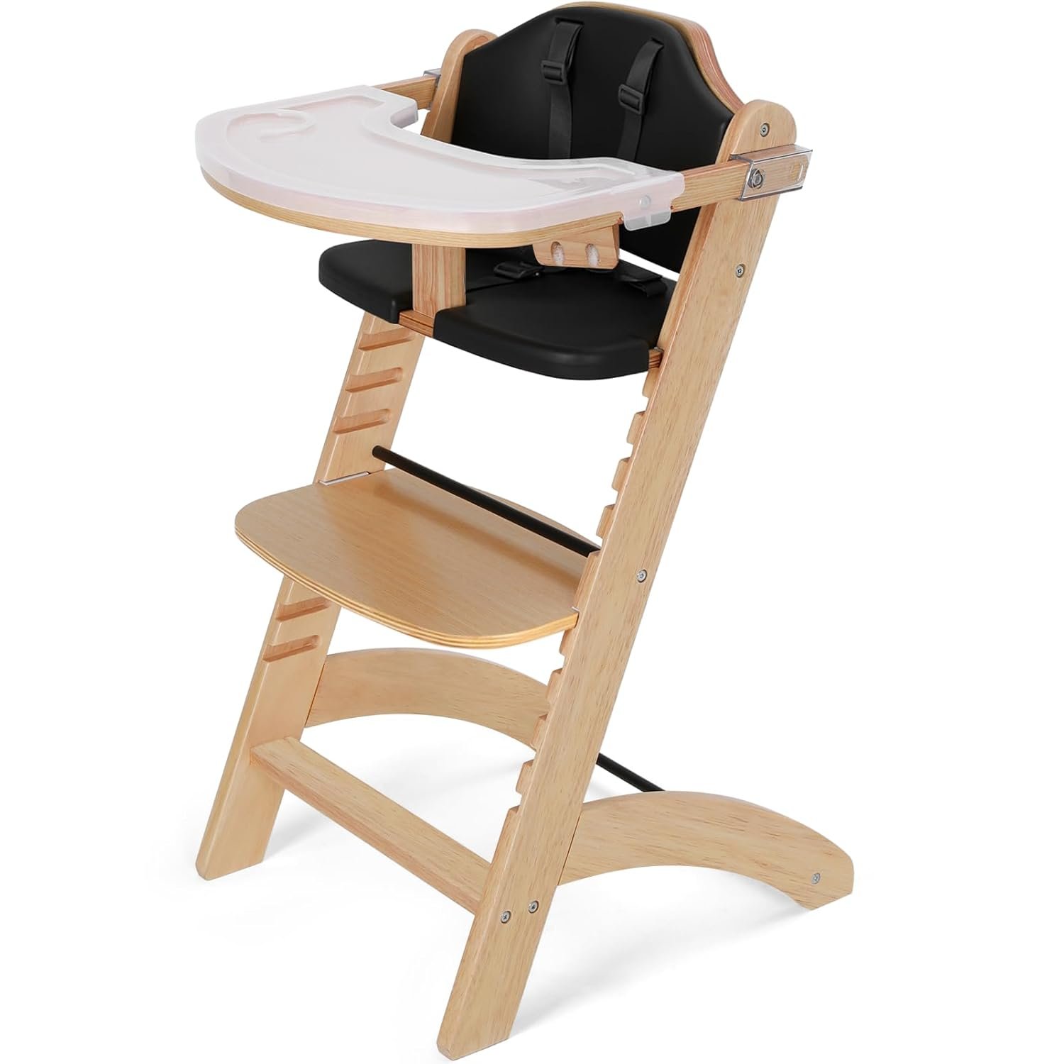 Cowiewie New Upgrade 3-in-1 Convertible Wooden High Chair for Babies & Toddlers 10 Levels Adjustable 2-Tray & 2 Waterproof Cozy Cushions Black