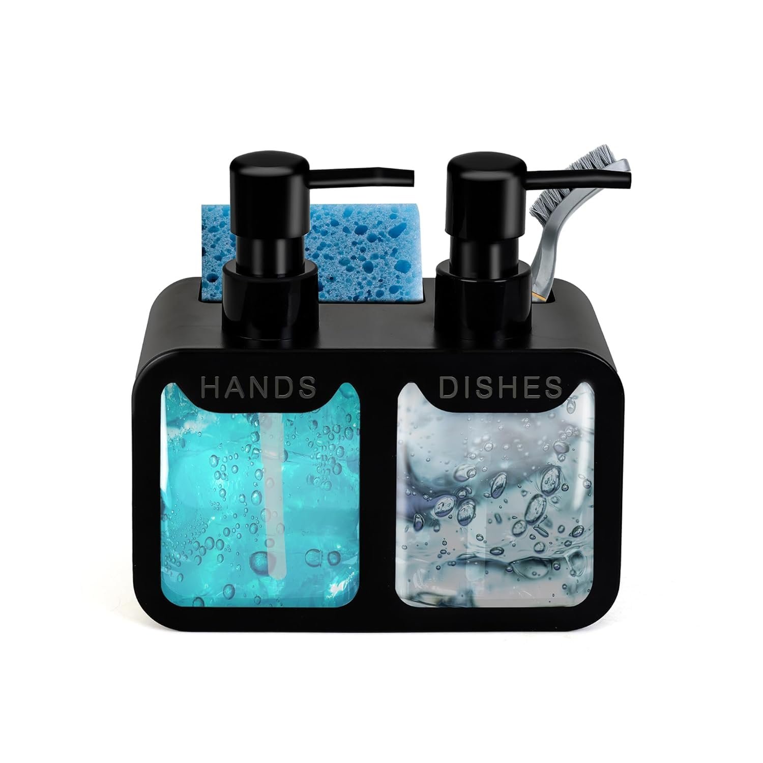 Duo Multipurpose 4-in-1 Soap Dispenser for Kitchen Sink Hands & Dishes Dual Refillable Kitchen Sink Organizer with Brush Holder, Anti-Slip Countertop Hand and Dish Soap Pump Dispenser (Black)