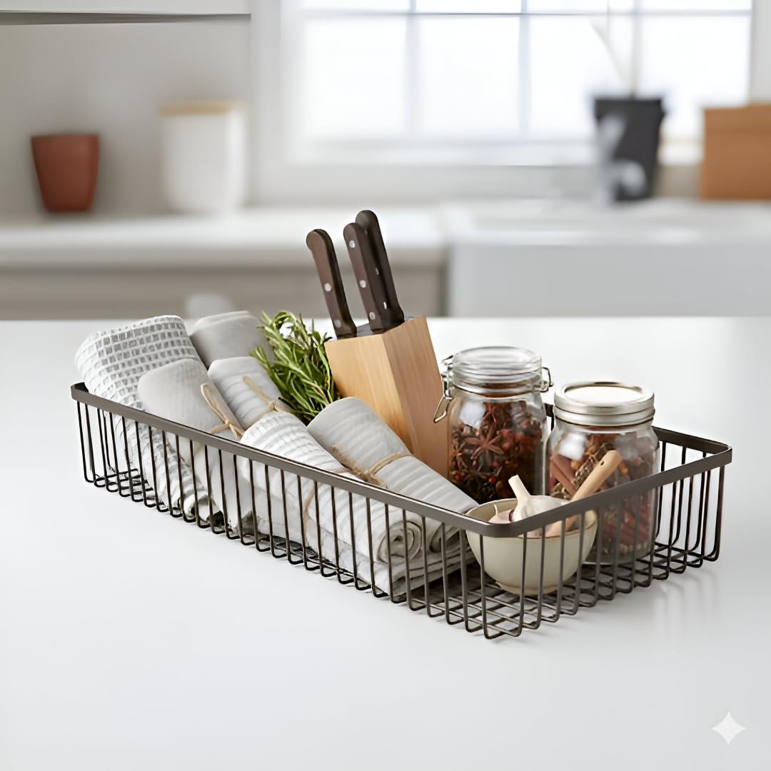 Premium Metal Kitchen Counter Organizer Basket – Multipurpose Storage Tray for Spices, Towels, Cutlery, Utensils | Rust-Resistant Wire Basket for, Sink, Cabinet, Bathroom & Home Organization